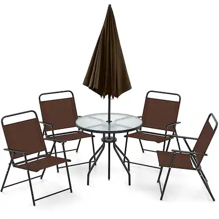 Front. Gymax - Gymax 6 PCS Patio Dining Set w/ Umbrella 4 Folding Patio Chairs w/ Round Tempered Glass Table - Black, Brown.