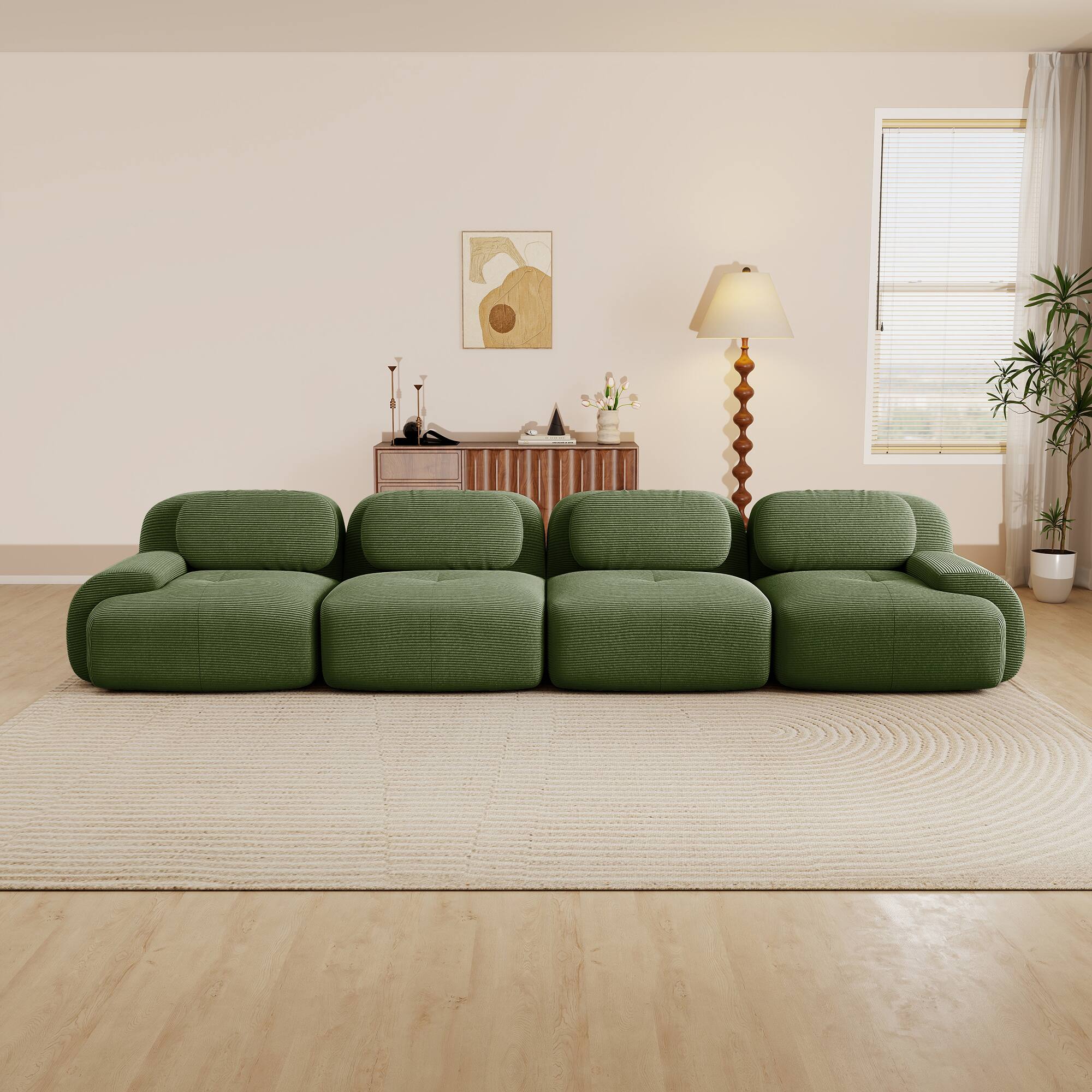 Angle. Aukfa - 4 seats Modular Corduroy Sectional Sofa with Ergonomic Support - Pet Friendly, Easy Assembly, Non-Slip Base Design - Green.