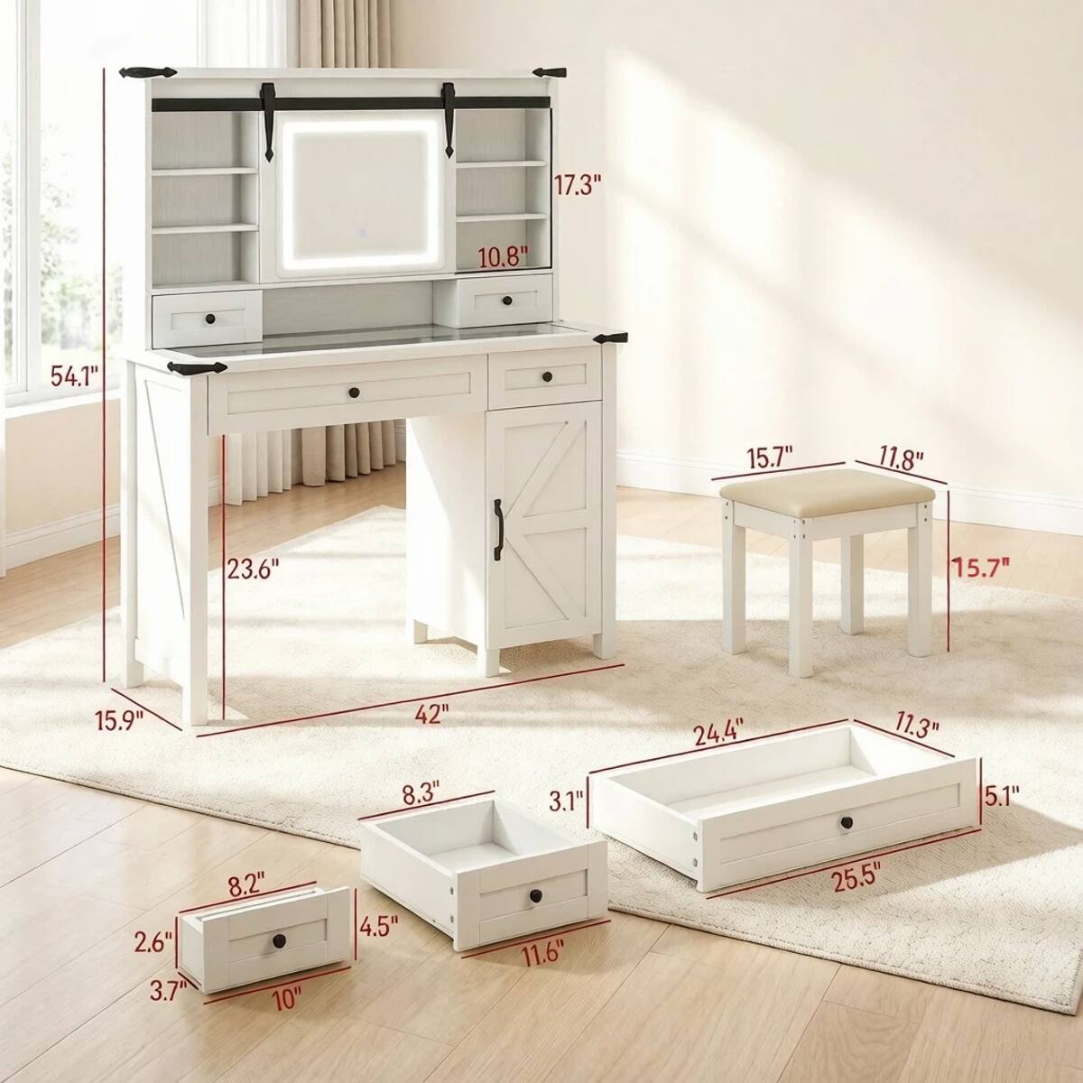 17.3"  
10.8"  
54.1"  
15.7"  
11.8"  
23.6"  
15.7"  
15.99  
42" 8.3"  
3.1"  
24.4"  
11.3"  
5.1"  
2.6" 3.7"  
8.2" 10"  
4.5"  
11.6"  
25.5"