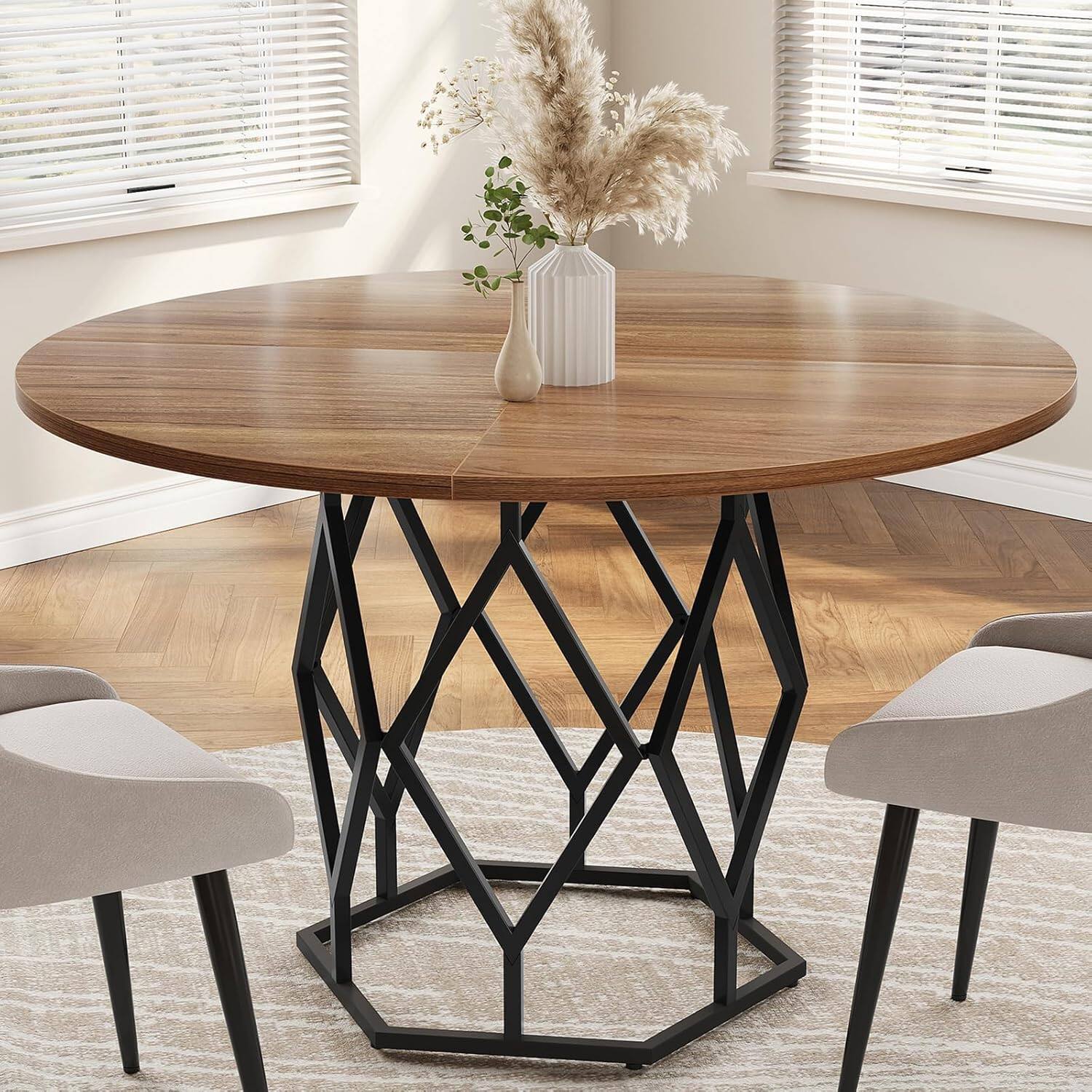 Front. Jojoka - Kitchen Table Round Dining Table for 4-6 People for Dining Room, Home Office, Living Room - Brown.