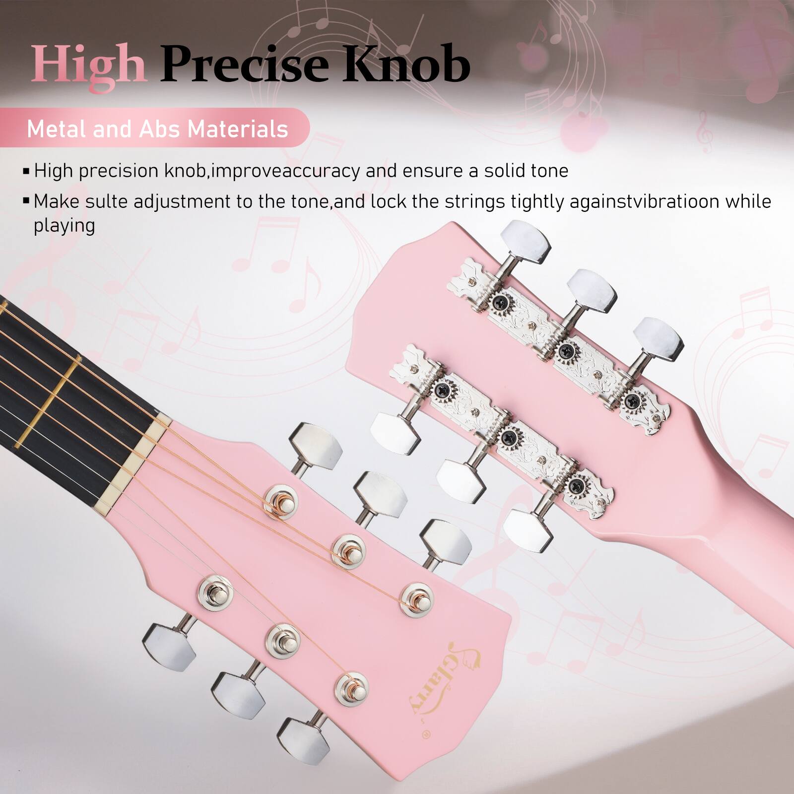 High Precise Knob

Metal and Abs Materials

- High precision knob, improve accuracy and ensure a solid tone
- Make subtle adjustment to the tone, and lock the strings tightly against vibration while playing