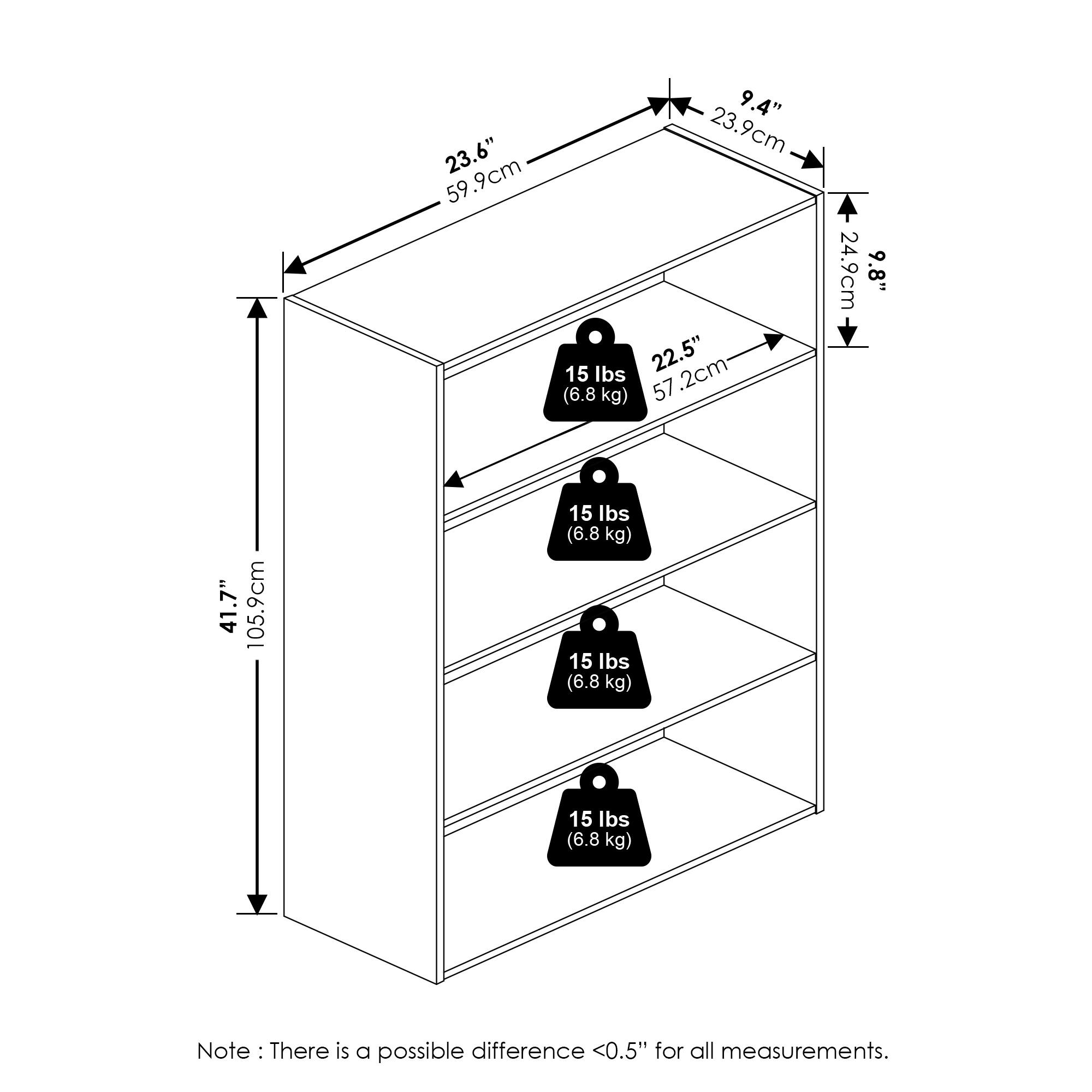 23.6" (59.9 cm)  
9.4" (23.9 cm)  
22.5" (57.2 cm)  
41.7" (105.9 cm)  
15 lbs (6.8 kg)  
24.9" (63.2 cm)  
9.8" (24.9 cm)  
Note: There is a possible difference <0.5" for all measurements.