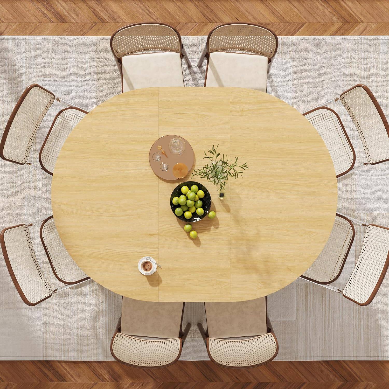 Back. Espafurni - 47-63" Extendable Dining Table for 4-8, Modern Oval Table with 2-Tier Storage Shelf - Natural Wood.
