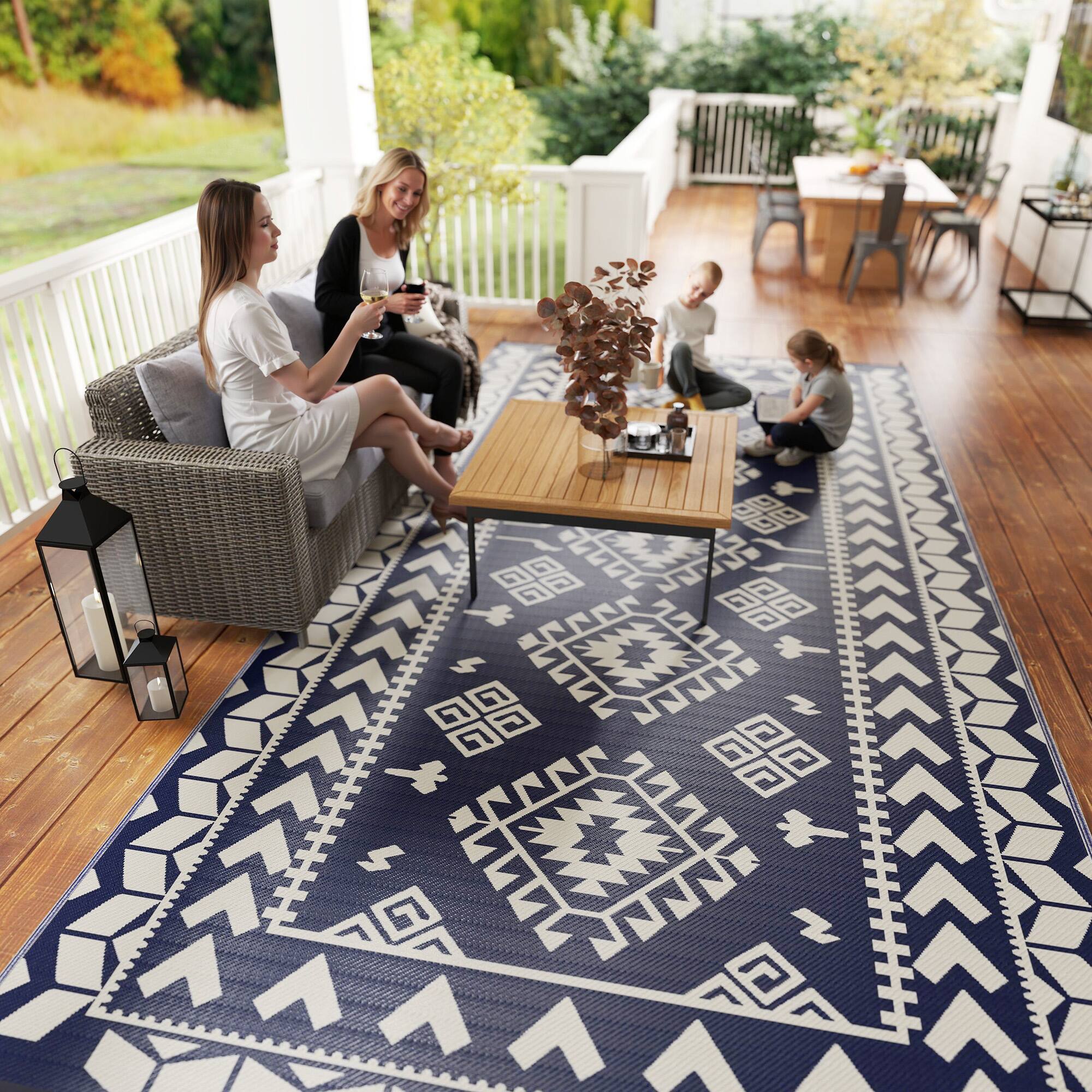 Alt View 8. Outsunny - Outdoor Rug for Patio, 9' x 18' Waterproof Large Mat, Reversible Plastic Straw Rug for Décor - Blue & White Rhombus Patchwork.