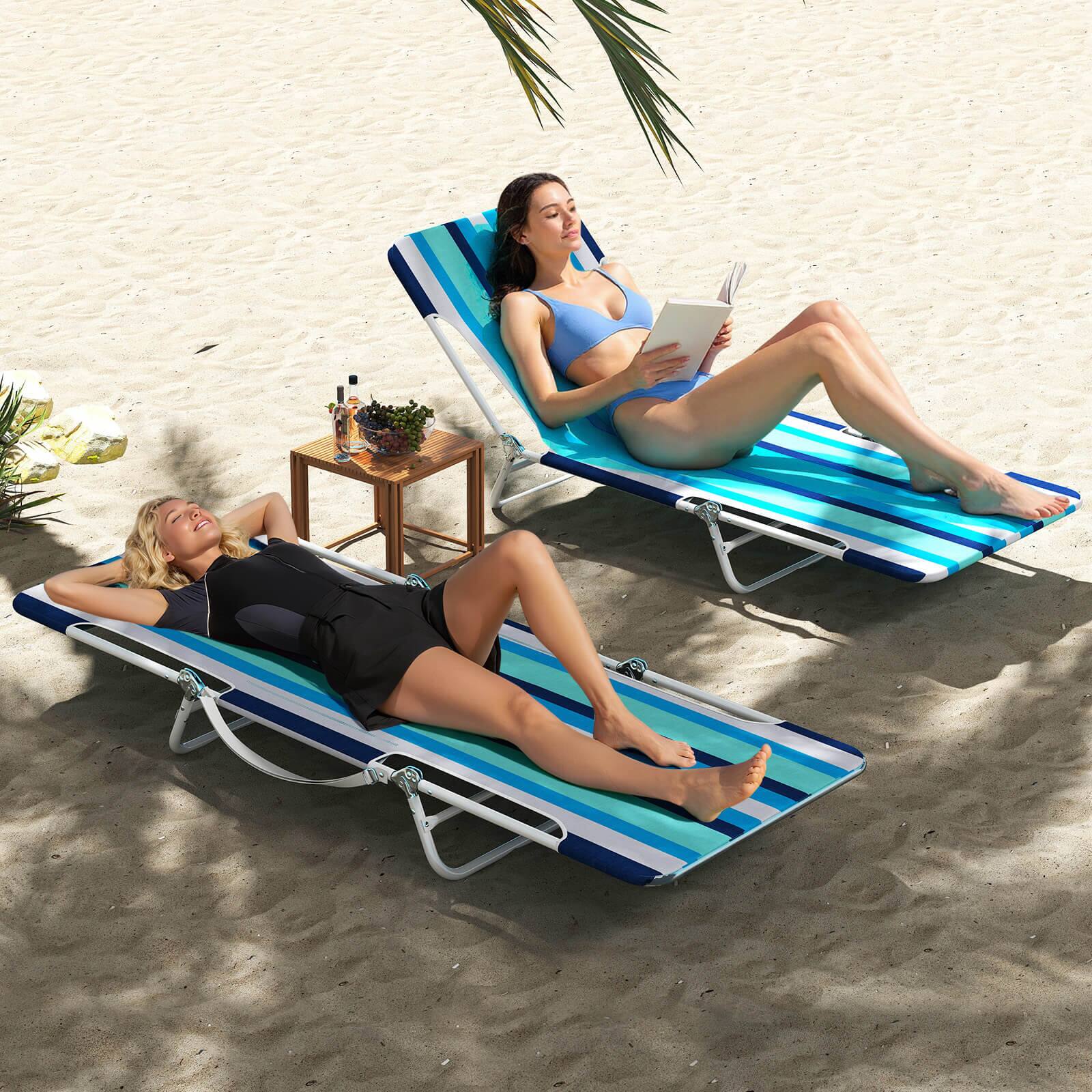 Alt View 3. Costway - Costway 2 PCS Outdoor Folding Chaise Lounge with Carry Strap, Metal Frame for Patio Poolside - Blue + Navy.