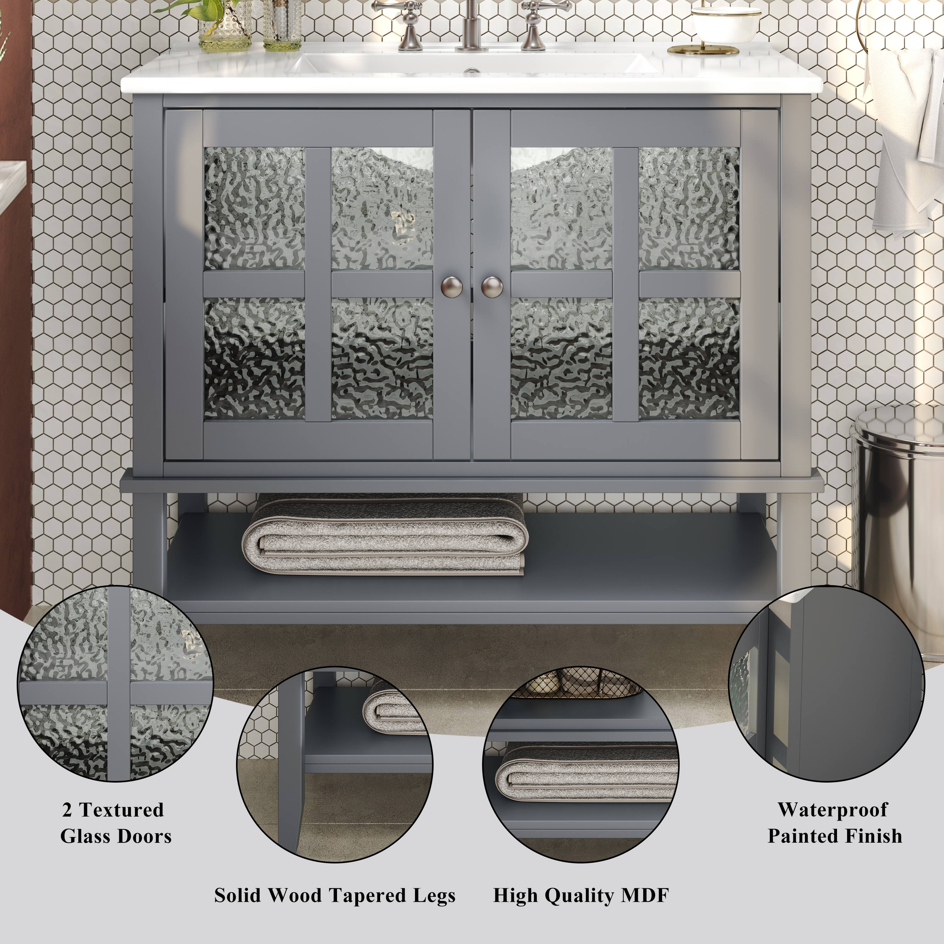 - 2 Textured Glass Doors
- Waterproof Painted Finish
- Solid Wood Tapered Legs
- High Quality MDF