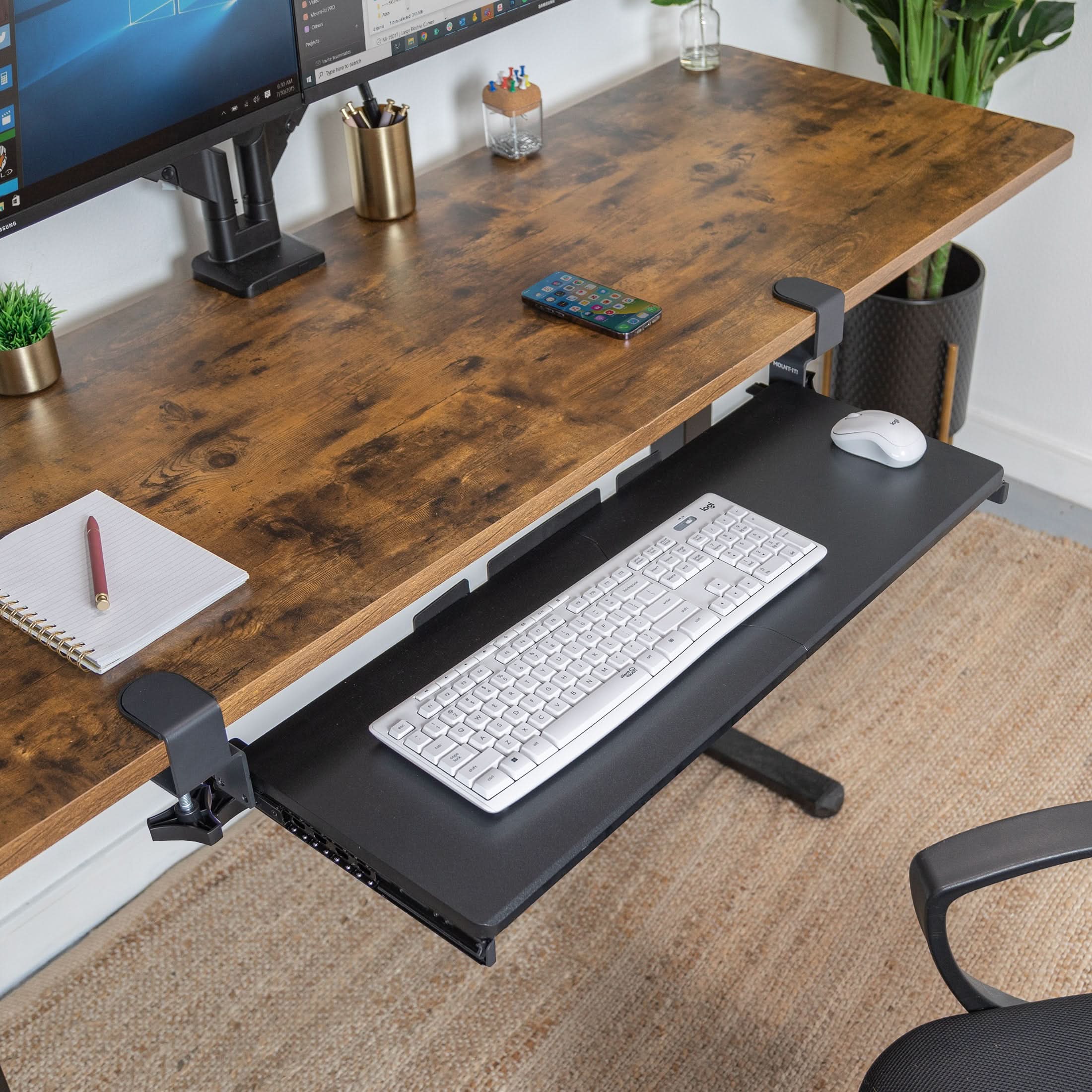 Angle. Mount-It! - Clamp-On Keyboard Tray 30" x 11" – Adjustable Under-Desk Ergonomic Platform, Black - Black.