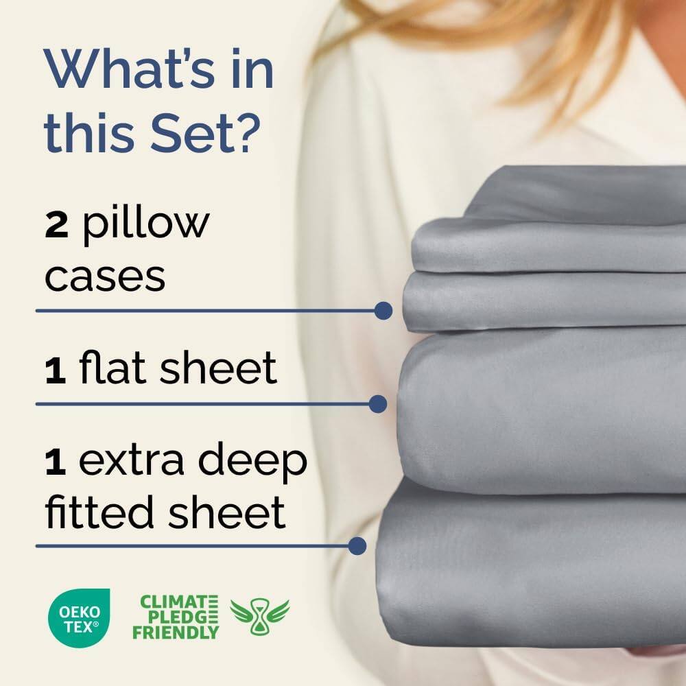 What's in this Set?

- 2 pillow cases
- 1 flat sheet
- 1 extra deep fitted sheet

CLIMATE PLEDGE FRIENDLY

OEKO TEX