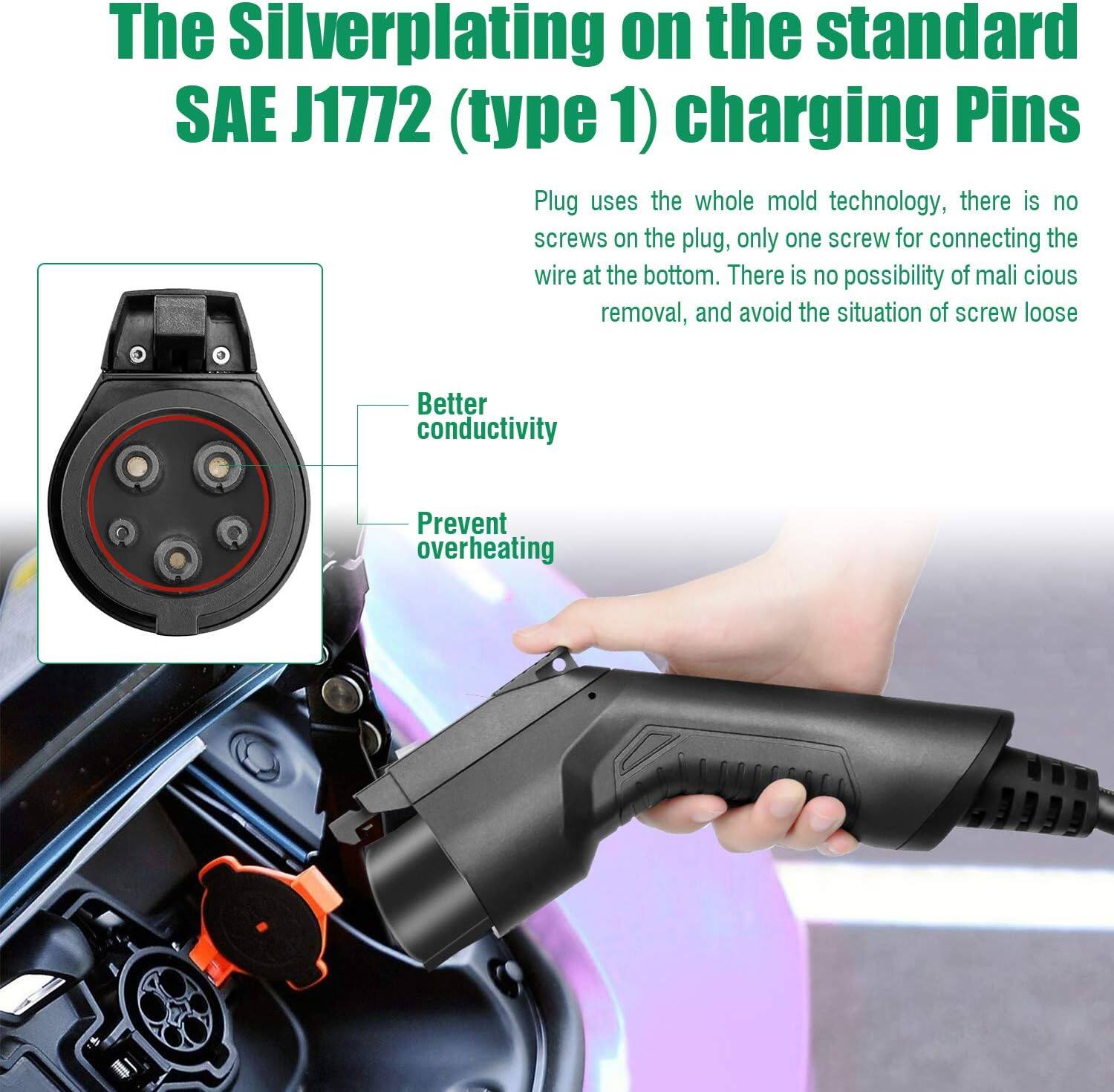 The Silverplating on the standard SAE J1772 (type 1) charging Pins Plug uses the whole mold technology, there is no screws on the plug, only one screw for connecting the wire at the bottom. There is no possibility of malicious removal, and avoid the situation of screw loose. Better conductivity. Prevent overheating.