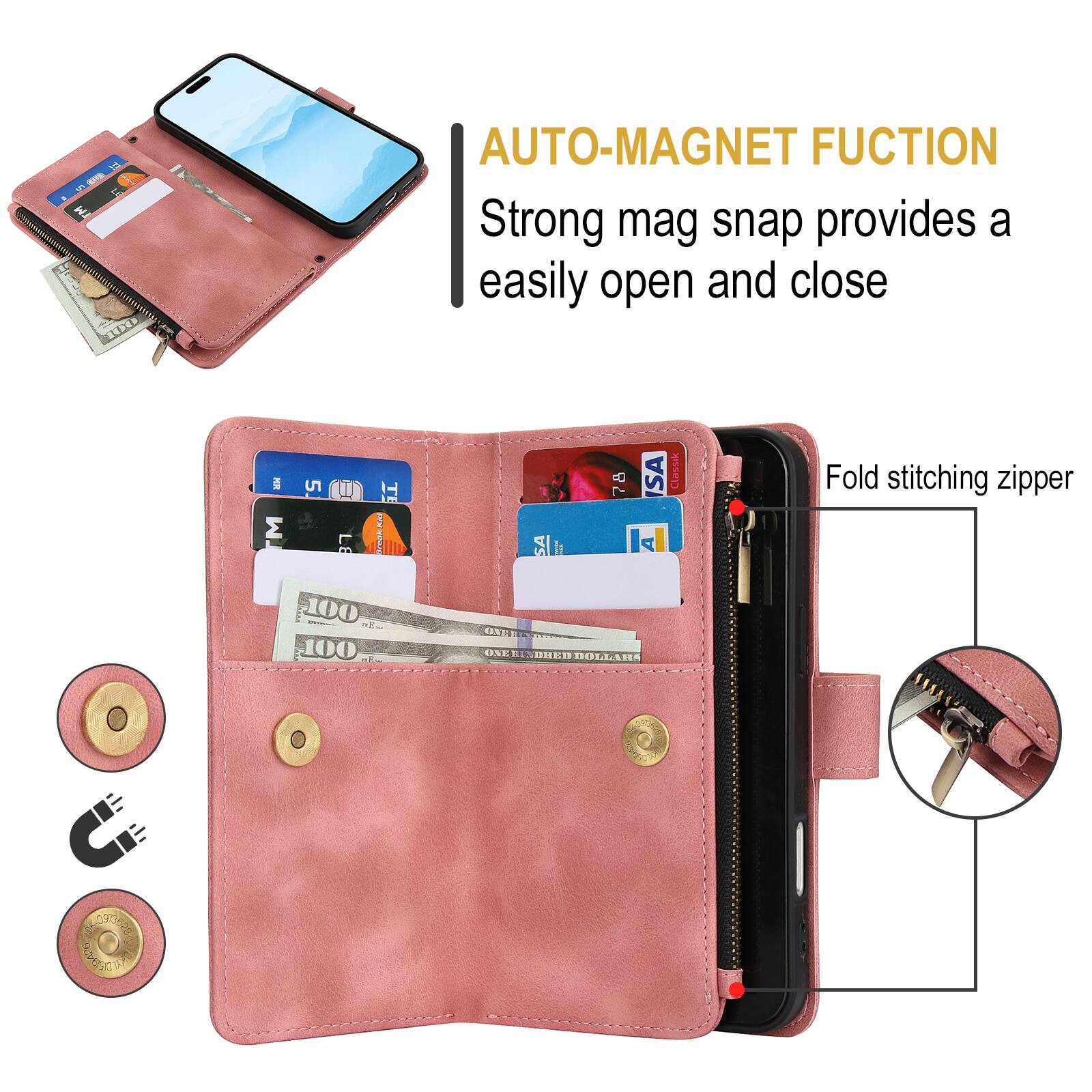 AUTO-MAGNET FUNCTION  
Strong mag snap provides a easily open and close  

Fold stitching zipper