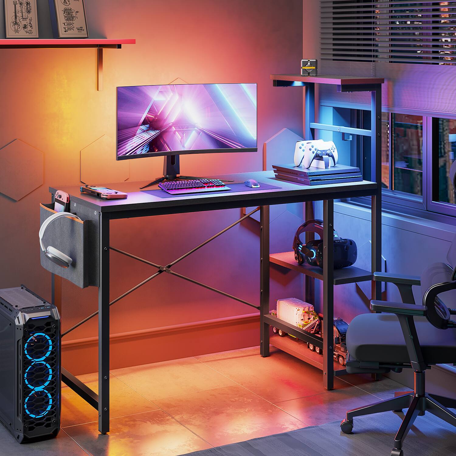 Left. Bestier - 44" RGB Gaming Desk LED Lights, Storage Shelves & Adjustable Height - Black.