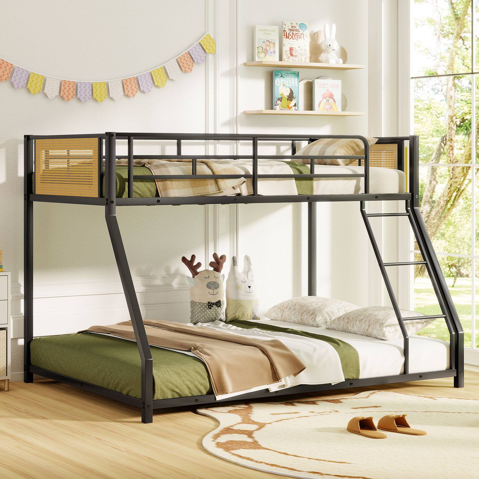 Gymax - Metal Bunk Bed Twin Over Full Low Profile Bunkbeds w/ Full Length Safety Guardrail - Black