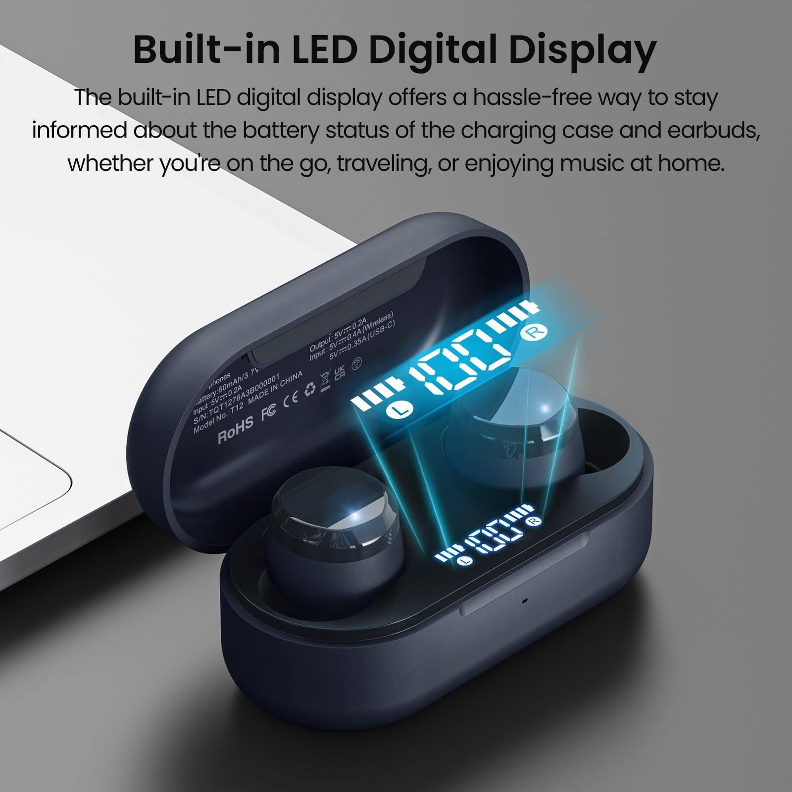 Built-in LED Digital Display

The built-in LED digital display offers a hassle-free way to stay informed about the battery status of the charging case and earbuds, whether you're on the go, traveling, or enjoying music at home.

0.2A (USB-C) Input 5V/2.4A Output Simo aV JSA nor sVmo 4 pnones 3800001 IN CHINA b OmAn Bymam No. OT1Z MADE FC CE Model ROHS R
