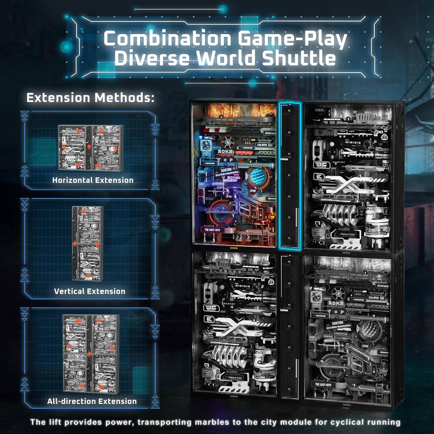 Combination Game-Play Diverse World Shuttle

Extension Methods:
- Horizontal Extension
- Vertical Extension
- All-direction Extension

The lift provides power, transporting marbles to the city module for cyclical running