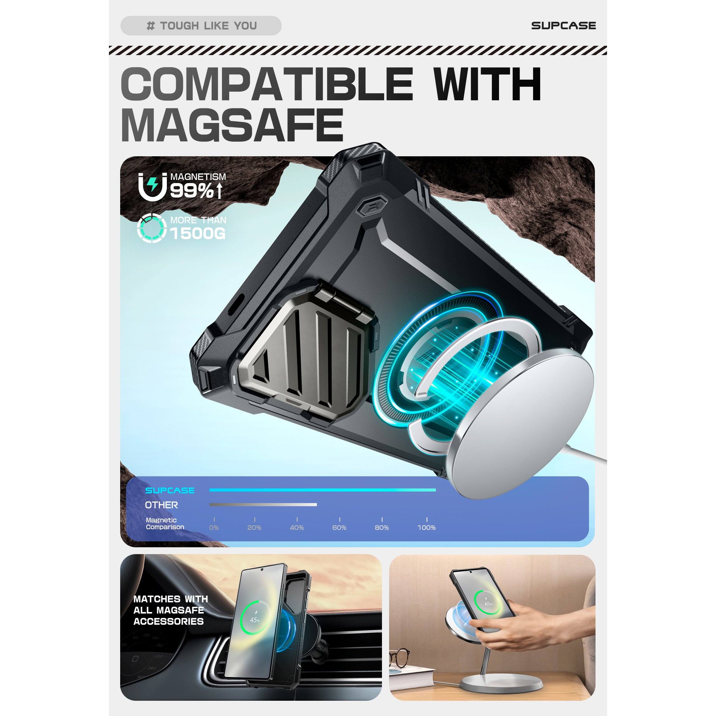 # TOUGH LIKE YOU

COMPATIBLE WITH MAGSAFE

MAGNETISM 99%↑

MORE THAN 1500G

SUPCASE OTHER Magnetic Comparison

MATCHES WITH ALL MAGSAFE ACCESSORIES