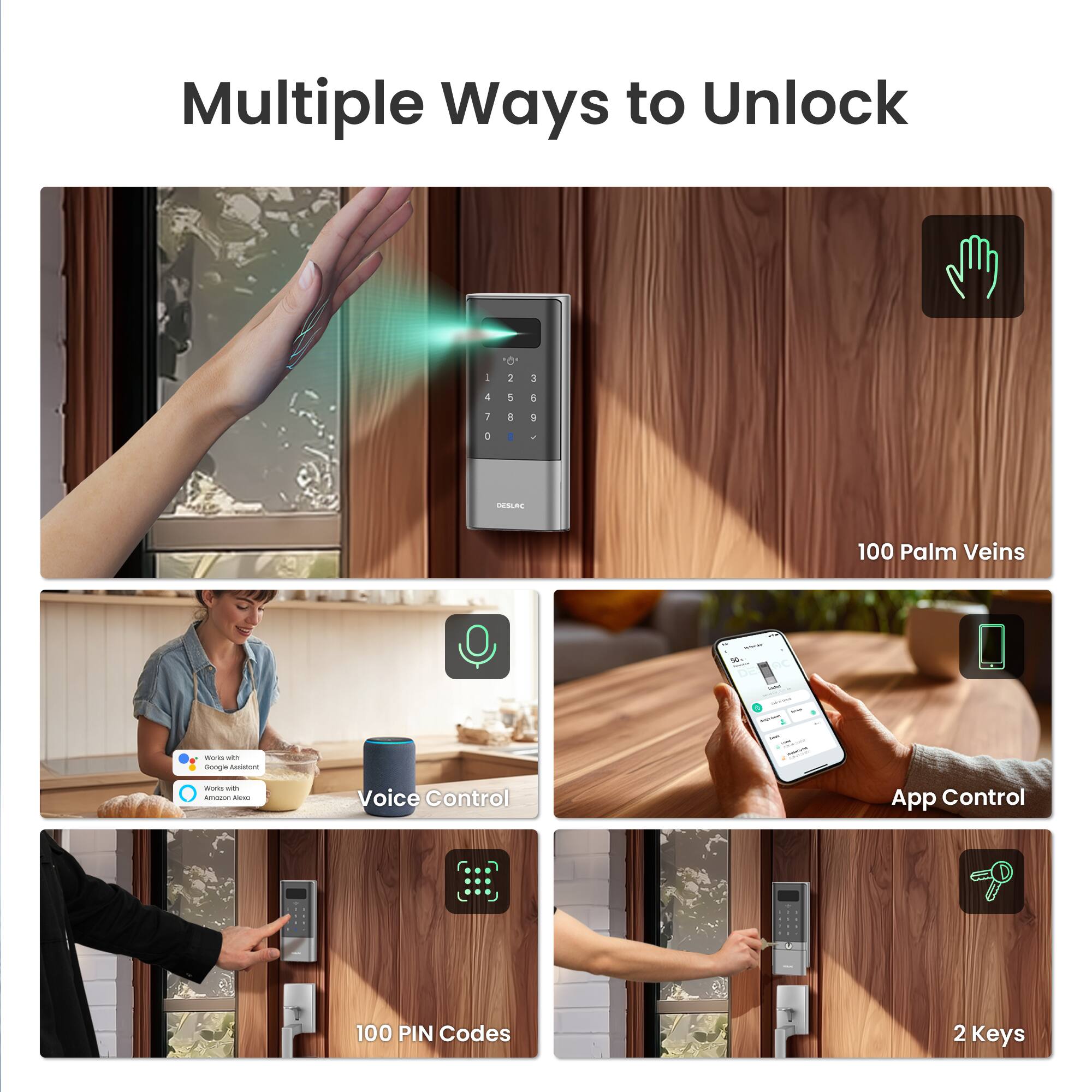 Multiple Ways to Unlock

- 100 Palm Veins
- Voice Control
- App Control
- 100 PIN Codes
- 2 Keys