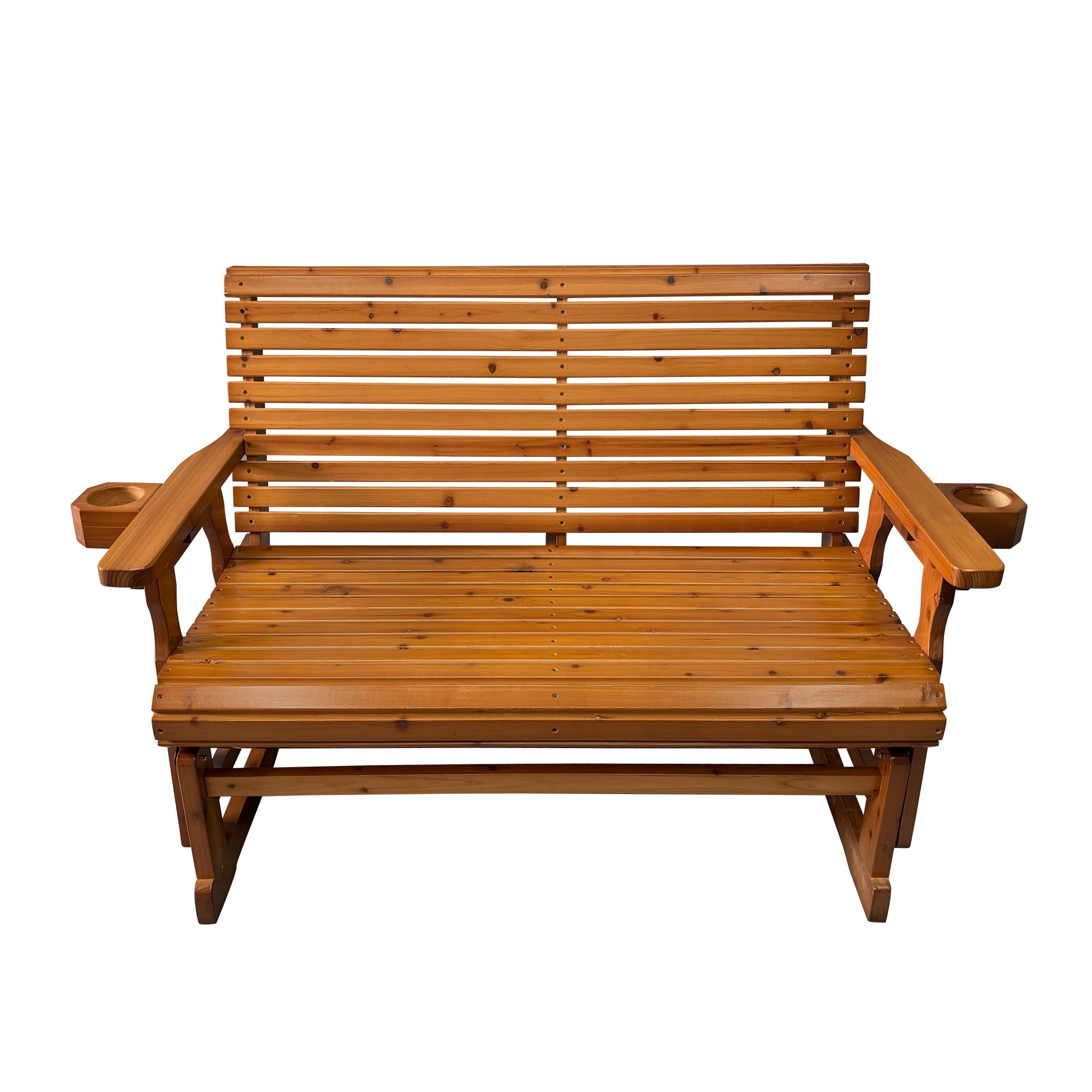 Back. Fortune Candy - Wooden Patio Glider with Cup Holders, High Roll Back and Deep Contoured Seat, Heavy Duty 800 Lb (2-Seater) - Teak Tone.