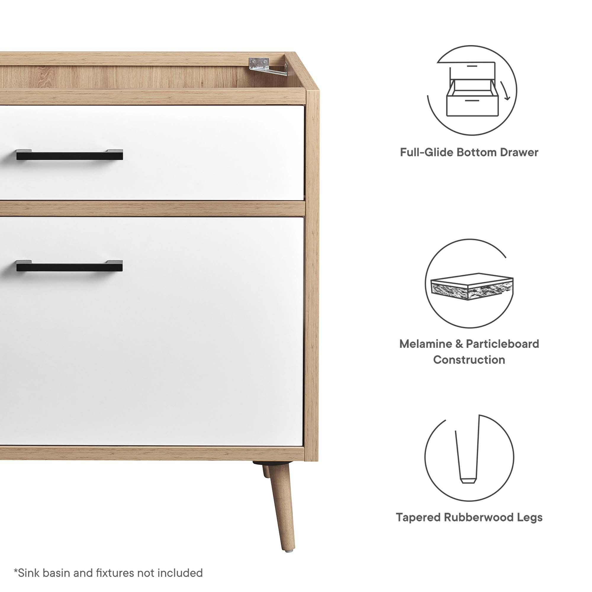 Full-Glide Bottom Drawer  
Melamine & Particleboard Construction  
Tapered Rubberwood Legs  

*Sink basin and fixtures not included