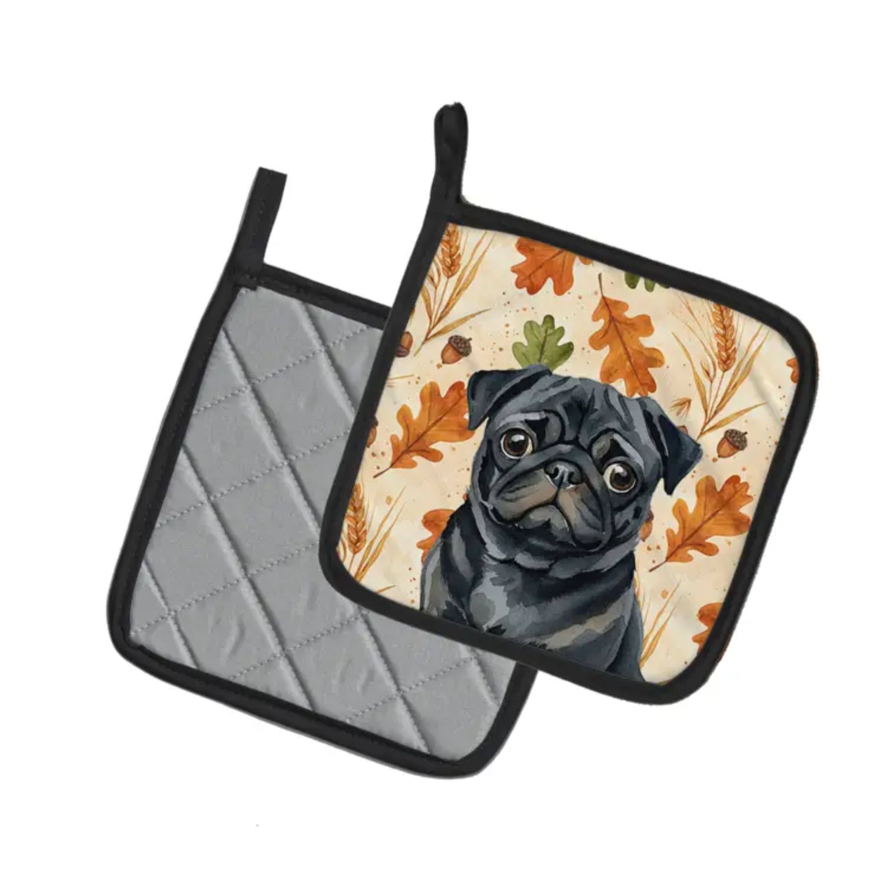 Angle. Kitcheniva - 7.5" x 7.5" Fall Kitchen Pot Holders 2 Pcs Pug Black - Multicolor.