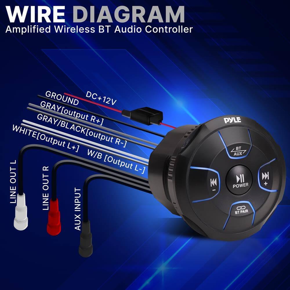 WIRE DIAGRAM  
Amplified Wireless BT Audio Controller  

- GROUND  
- DC+12V  
- GRAY[output R+]  
- GRAY/BLACK[output R-]  
- WHITE[output L+]  
- W/B [Output L-]  
- LINE OUT L  
- LINE OUT R  
- AUX INPUT  
- BT PAIR  
- POWER  
- BT AUX