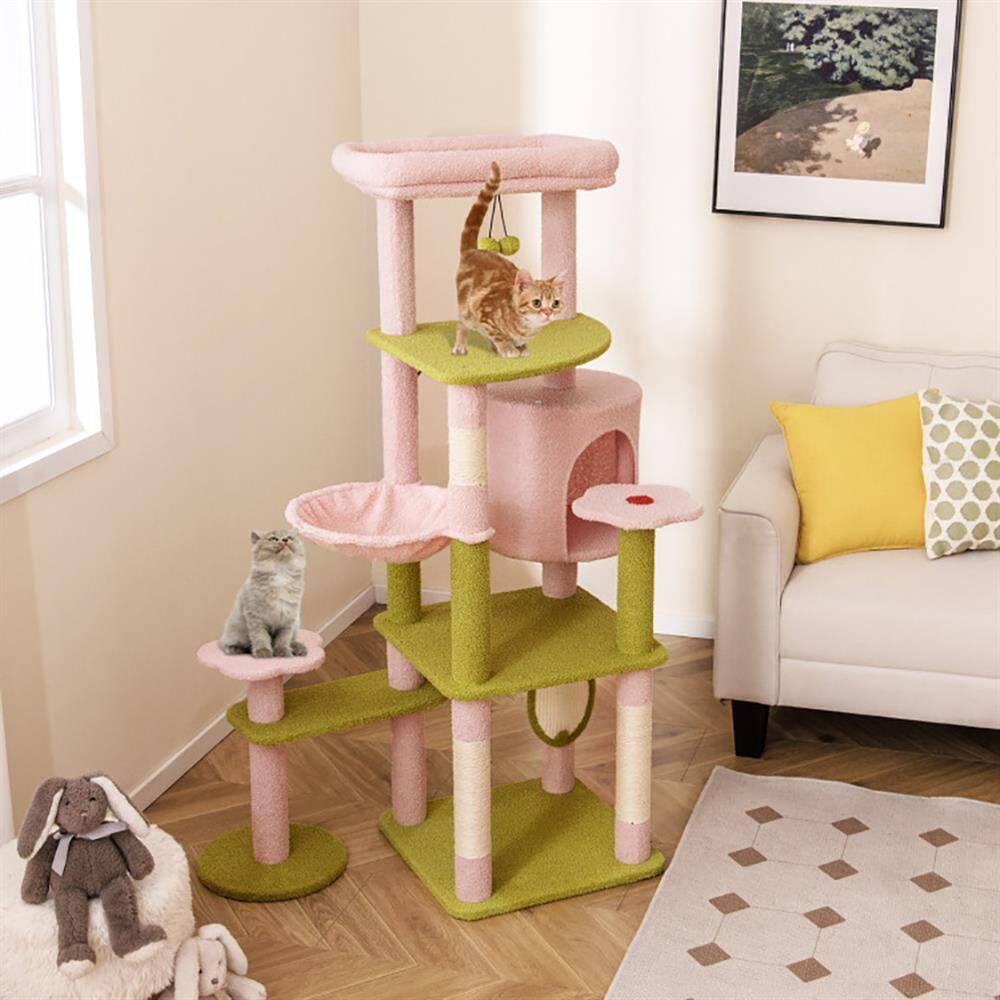 Angle. Kadyn - Cat Scratching Tower,Cat Tree, 58 Inch Tall Multi-Level Cat Tree Aesthetic Floral Kitten Tower-Pink - Pink.