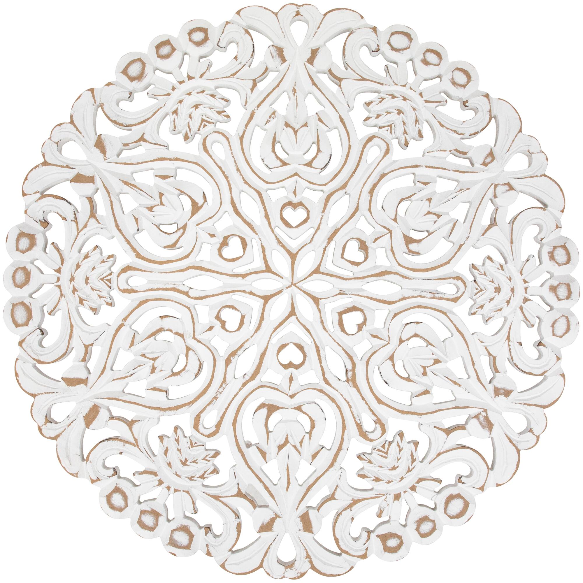 Alt View 1. Northlight - 24" Brushed Antique White Damask Round Wall Panel - White.