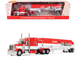 Peterbilt 389 with 63" Mid-Roof Sleeper & Heil Fuel Tank Trailer Red and White 1/64 Diecast Model by First Gear