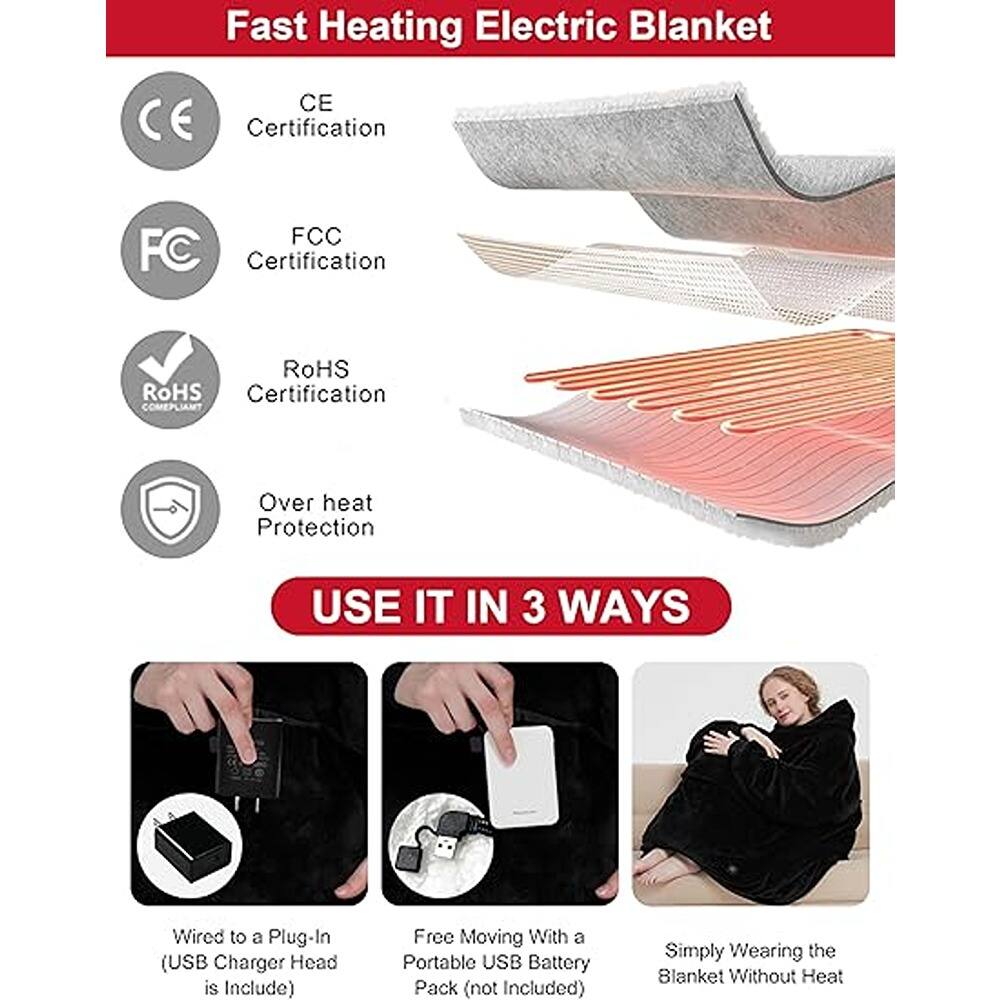 Fast Heating Electric Blanket

- CE Certification
- FCC Certification
- RoHS Certification
- Overheat Protection

USE IT IN 3 WAYS

1. Wired to a Plug-In (USB Charger Head is Included)
2. Free Moving With a Portable USB Battery Pack (not Included)
3. Simply Wearing the Blanket Without Heat