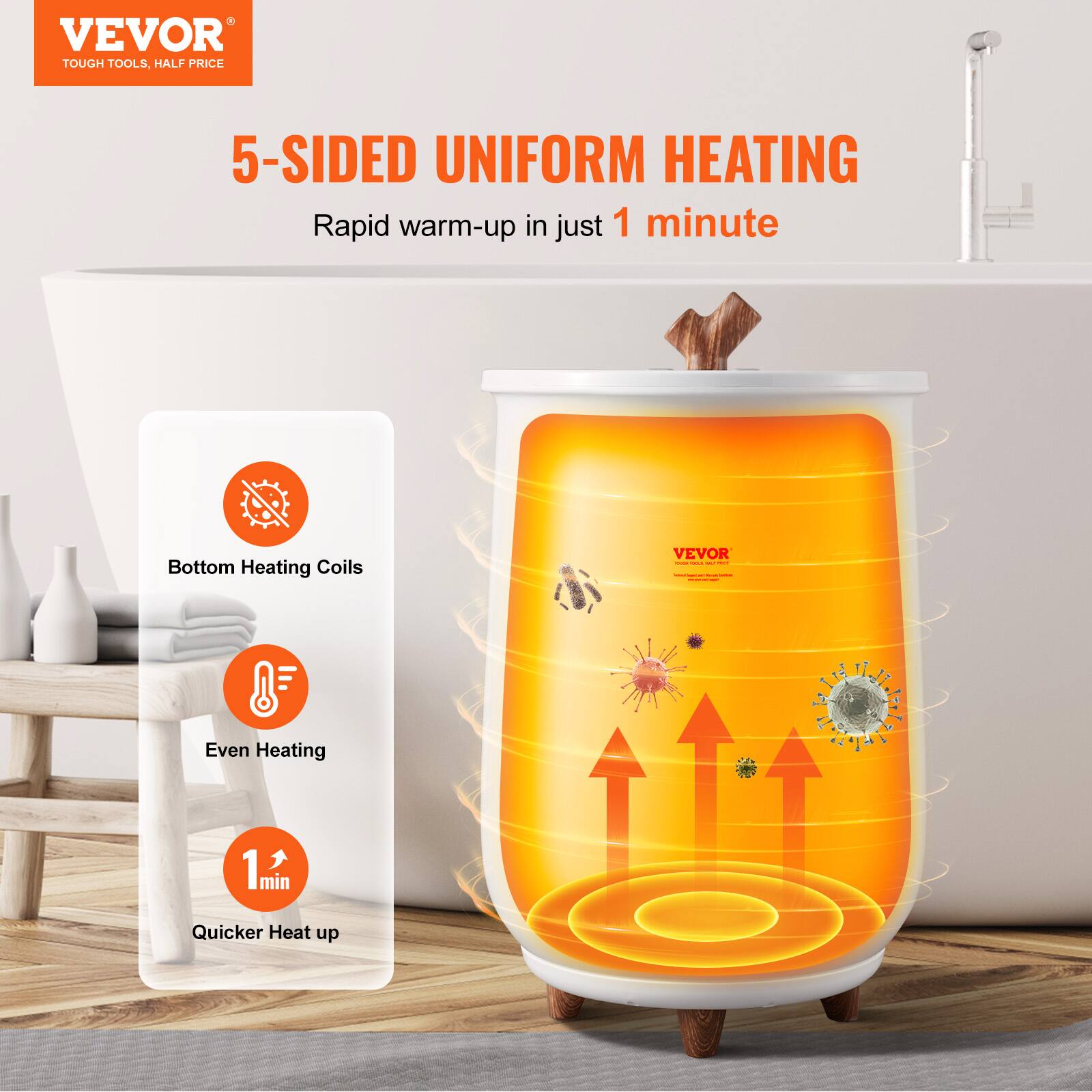 VEVOR TOUGH TOOLS, HALF PRICE
5-SIDED UNIFORM HEATING
Rapid warm-up in just 1 minute
Bottom Heating Coils
Even Heating
Quicker Heat up