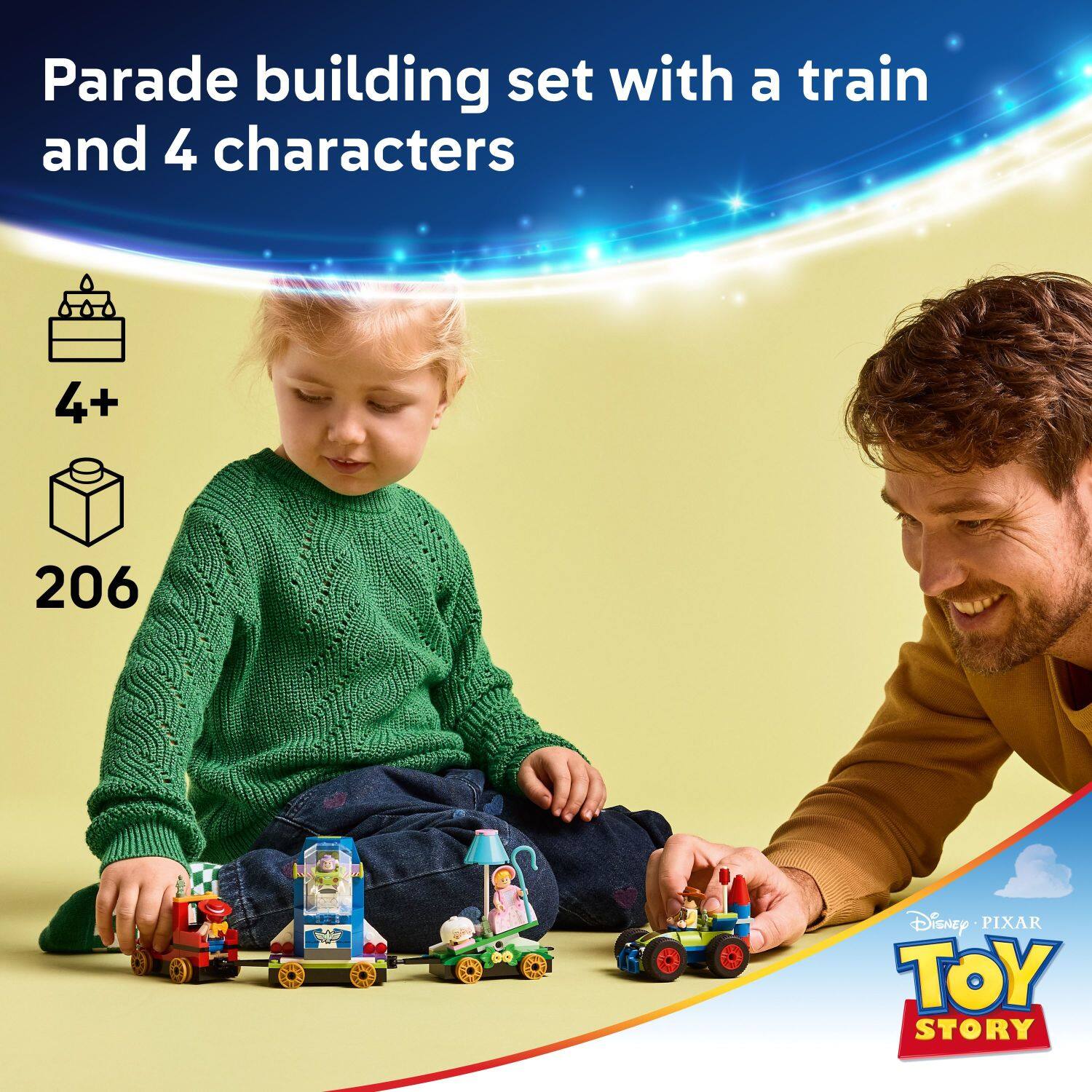 The corrected text from the image is:

"Parade building set with a train and 4 characters
4+ 206
Disney PIXAR TOY STORY"
