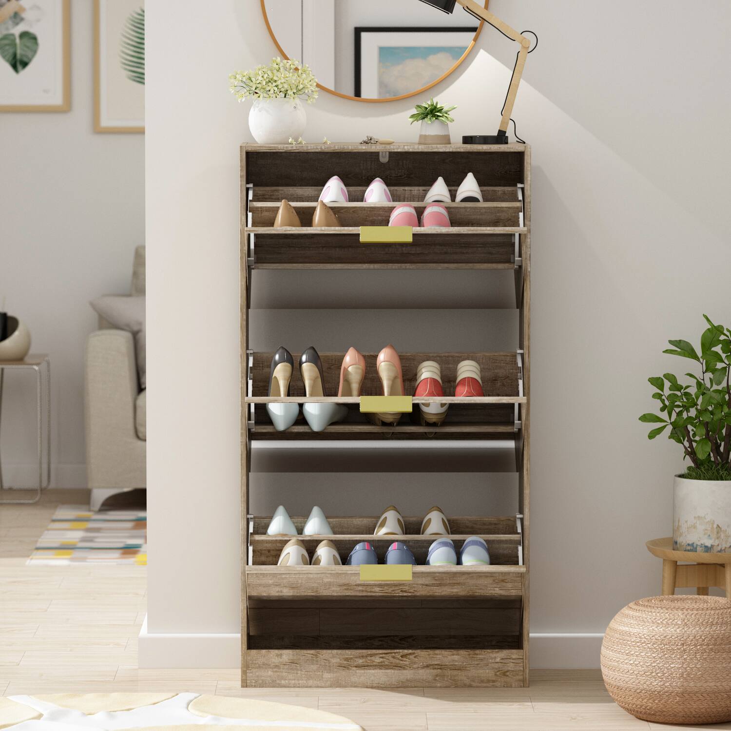 Alt View 10. Famapy - Famapy Space - Saving Shoe Storage with Metal Handles, Spacious Top & Mirror – Perfect for Tidy Entryways - Brown.