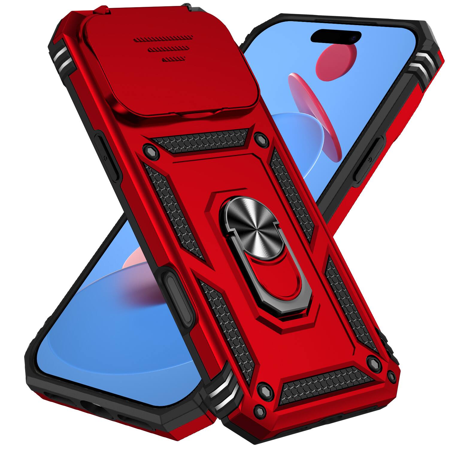 Angle. UUCOVER - Rugged Protective Case for Apple iPhone 18 Pro Max,Shockproof TPU+PC Case Slide Camera Cover Ring Holder Stand Cover - Red.