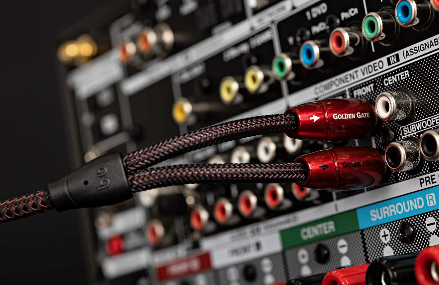 The text on the image reads: "Golden Gate Subwoofer, Golden Gate Pre-Amp, Golden Gate Video Component Center, Golden Gate Surround Center."