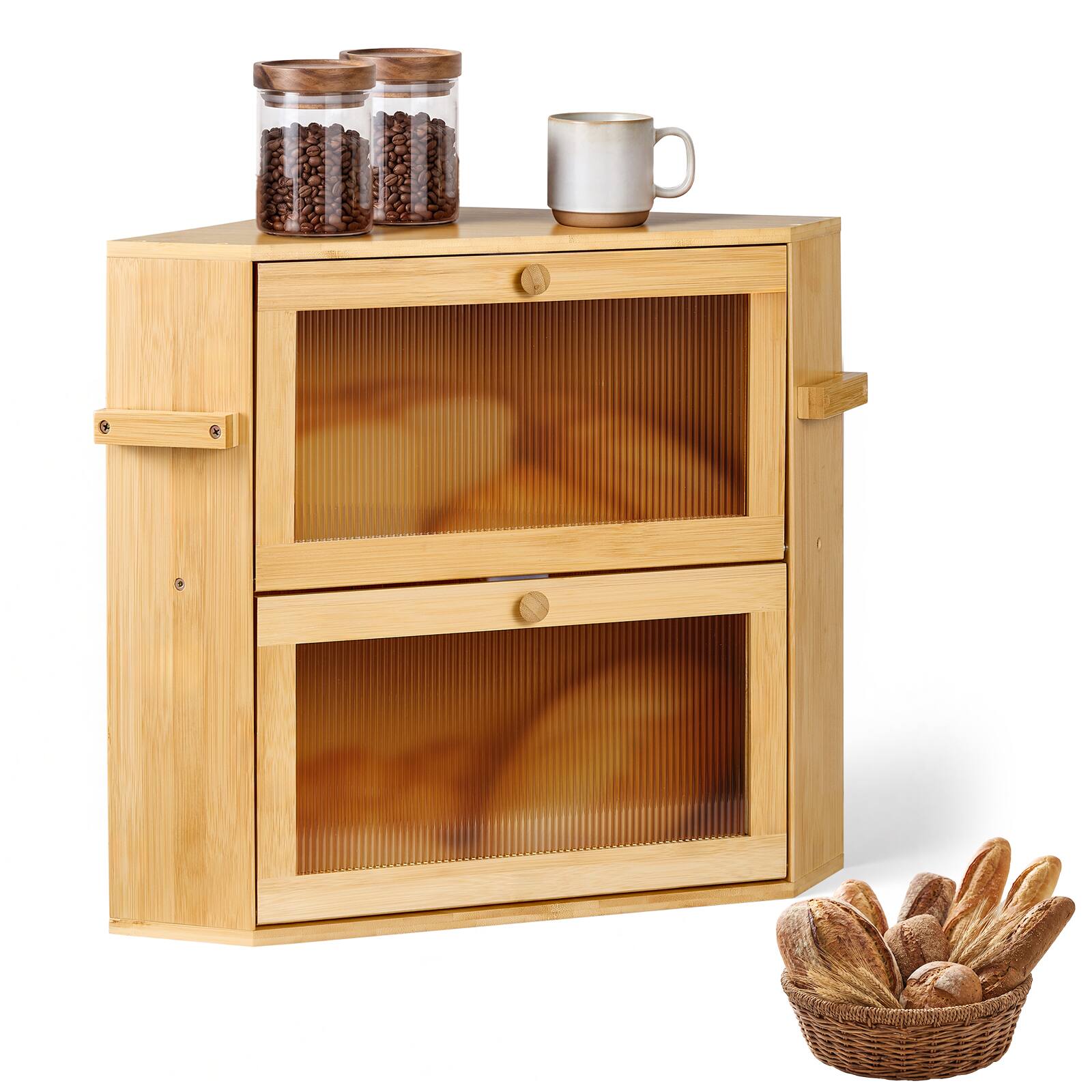 VEVOR Corner Bread Box for Kitchen Counter Bamboo Wood Container ...
