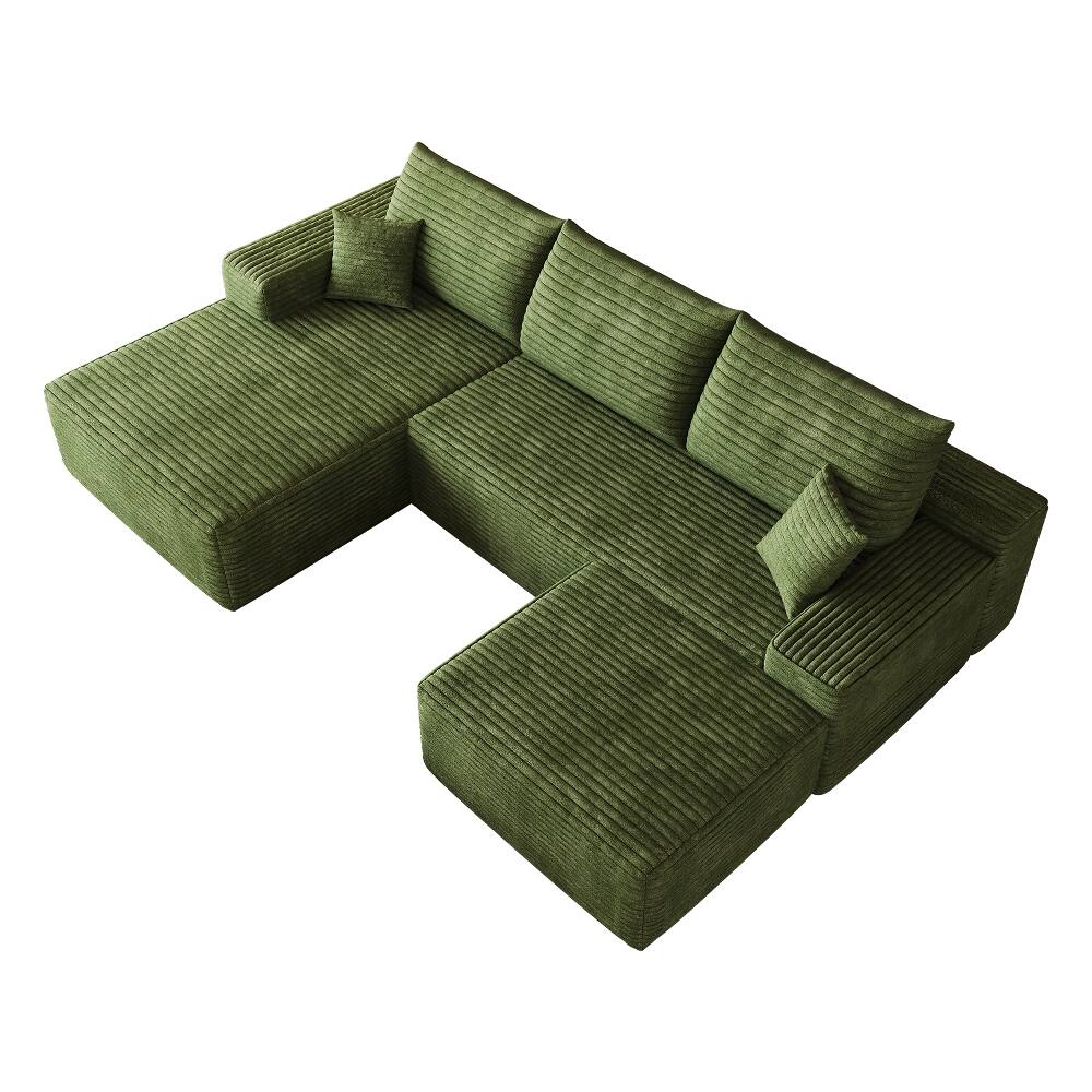 Alt View 4. Loheer - Loheer 107-Inch Green Corduroy Cloud Sectional Sofa with Ottoman, U-Shaped Deep Seat Modular Couch - Green.