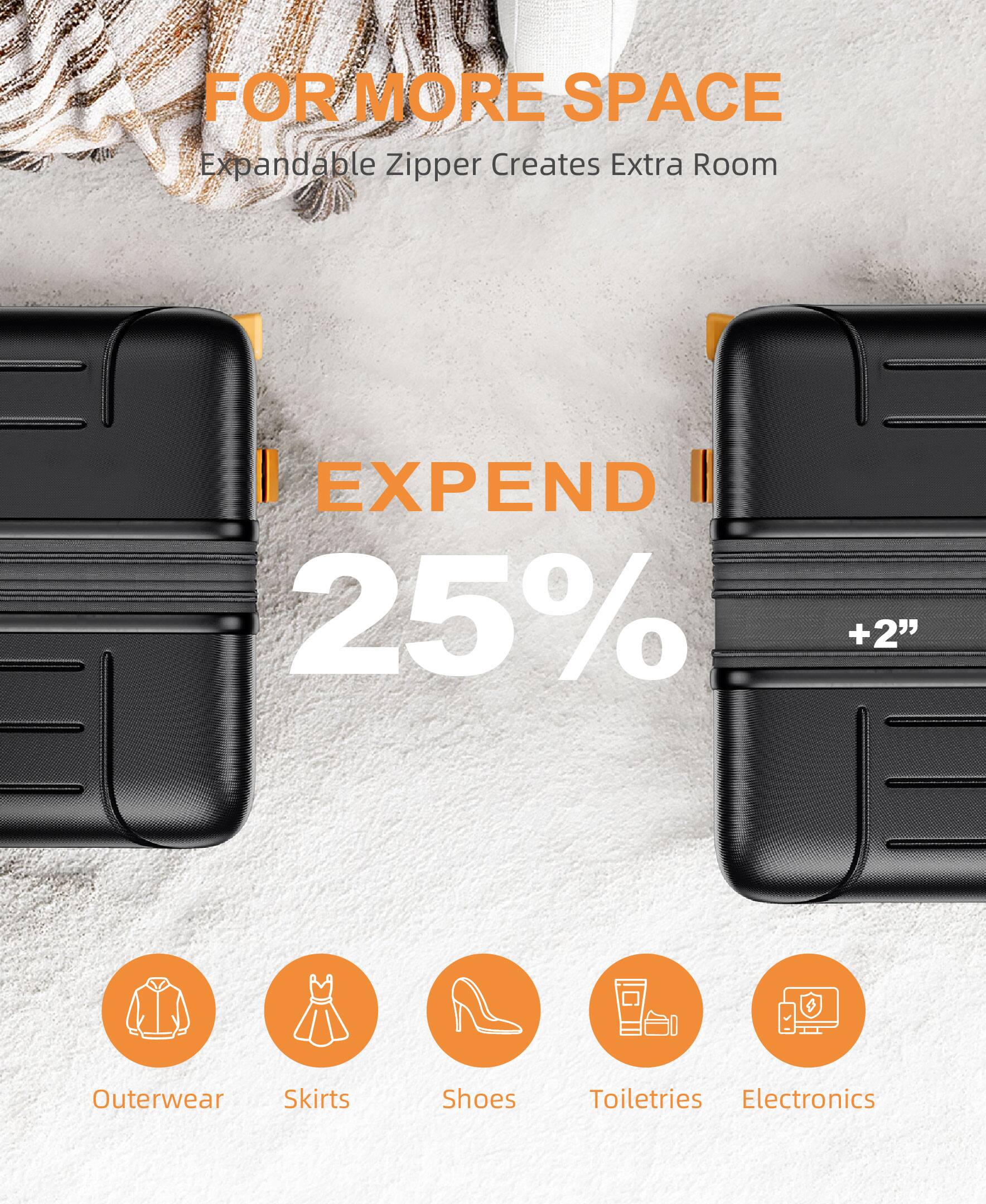 FOR MORE SPACE  
Expandable Zipper Creates Extra Room  

EXPEND  
25% +2”  

Outerwear  
Skirts  
Shoes  
Toiletries  
Electronics