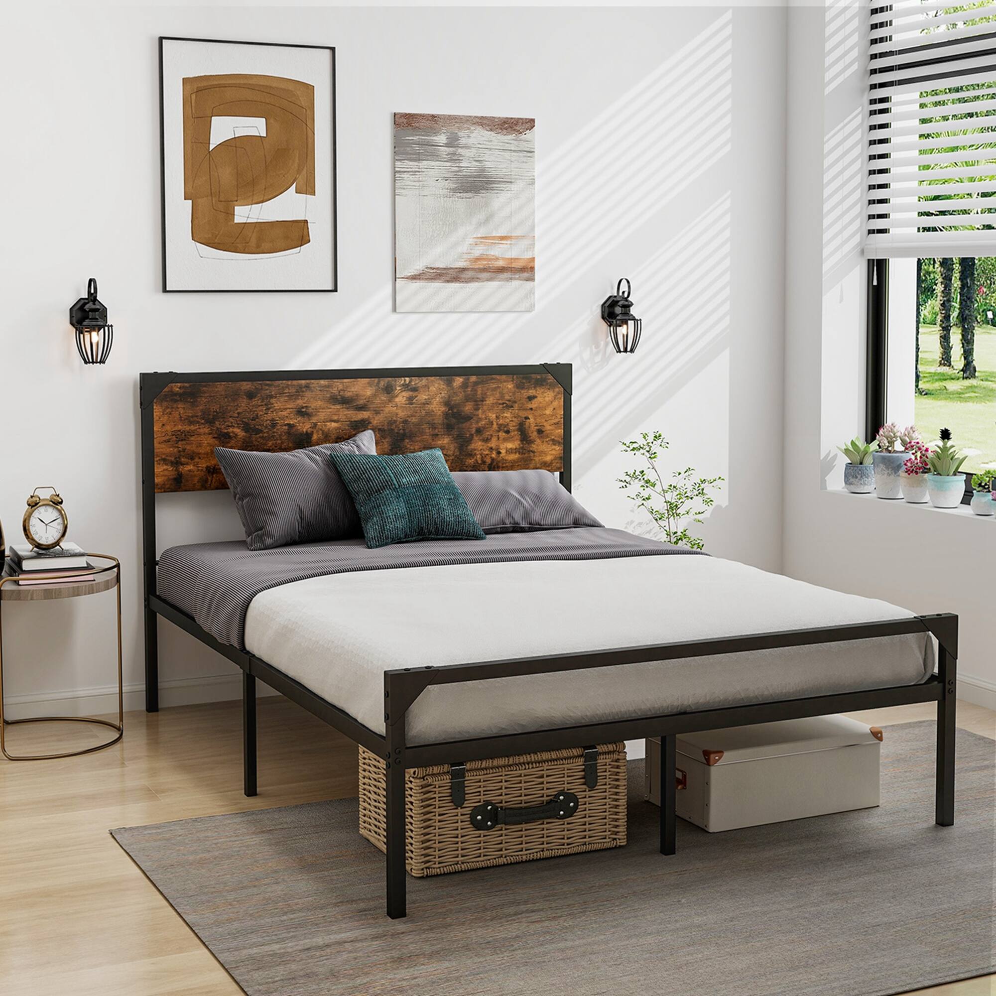 Alt View 4. Costway - Costway Platform Full Bed with Rustic Headboard & Footboard Strong Metal Slat Support - Rustic Brown,Black.