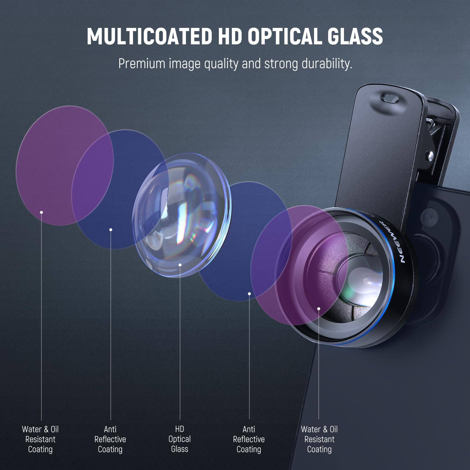 MULTICOATED HD OPTICAL GLASS  
Premium image quality and strong durability.  

- Water & Oil Resistant Coating  
- Anti Reflective Coating  
- HD Optical Glass  
- Anti Reflective Coating  
- Water & Oil Resistant Coating
