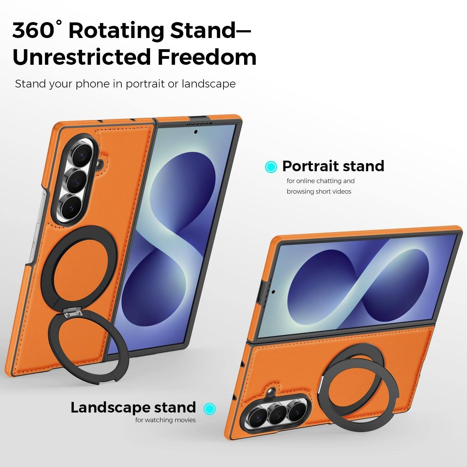 360° Rotating Stand—Unrestricted Freedom

Stand your phone in portrait or landscape

Portrait stand for online chatting and browsing short videos

Landscape stand for watching movies