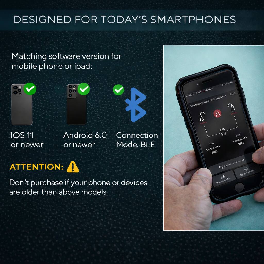 DESIGNED FOR TODAY'S SMARTPHONES

Matching software version for mobile phone or iPad:
- iOS 11 or newer
- Android 6.0 or newer
- Connection Mode: BLE

ATTENTION:
Don't purchase if your phone or devices are older than above models