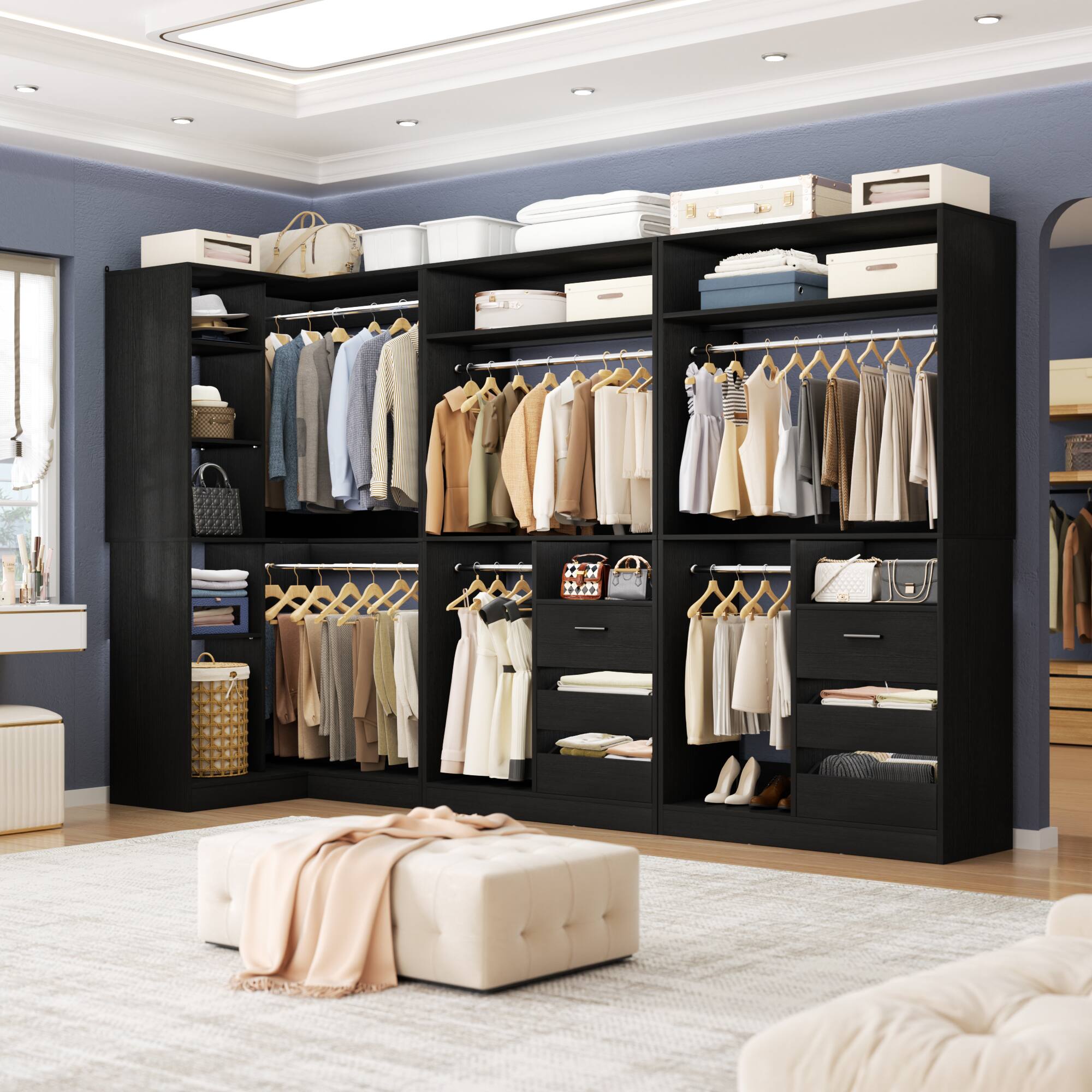 Angle. Aheaplus - 72"-108" Modular DIY Closet System with 6 Drawers & 6 Hanging Rods, Heavy Duty Adjustable Organizer for Bedroom/Garage - Black.