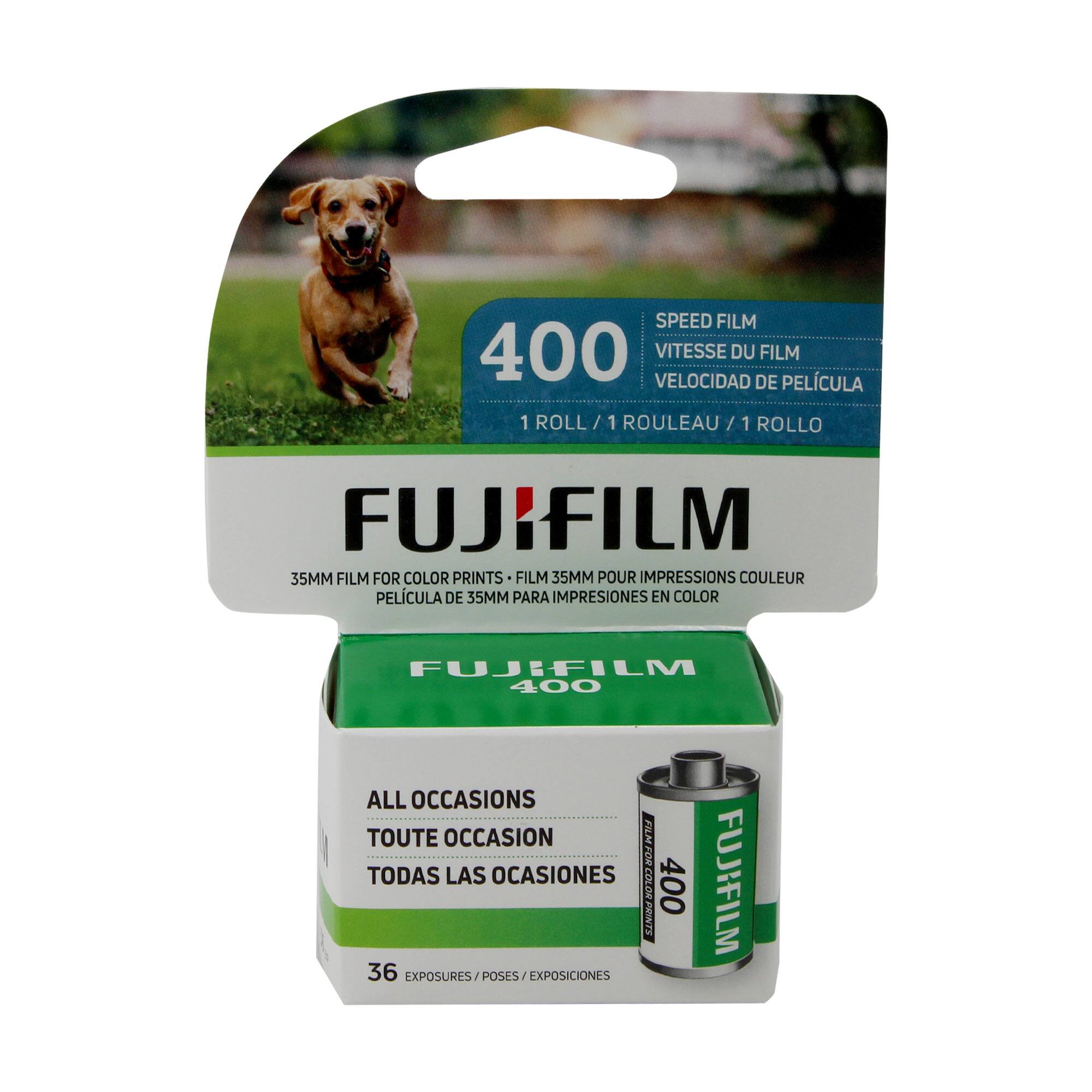 SPEED FILM  
VITESSE DU FILM  
VELOCIDAD DE PELICULA  
1 ROLL / 1 ROULEAU / 1 ROLLO  

FUJIFILM  
35MM FILM FOR COLOR PRINTS  
FILM 35MM POUR IMPRESSIONS COULEUR  
PELICULA DE 35MM PARA IMPRESIONES EN COLOR  

FUJIFILM 400  
ALL OCCASIONS  
TOUTE OCCASION  
TODAS LAS OCASIONES  

36 EXPOSURES / POSES / EXPOSICIONES