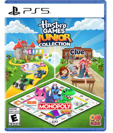 PS5 Hasbro GAMES JUNIOR COLLECTION the LIFE Clue of JUNIOR JUNIOR Coas : TXR N q -T EVERYONE ENFANTS et ADULTES E ESRB ? nhinga - MONOPOLY JUNIOR CHENCE - n LPEss - F ! ad - | GO sa OG Outright Games - E (Everyone)