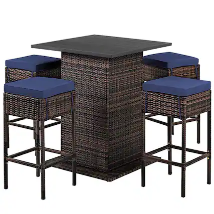 Front. Boyel Living - Navy 5Piece Rattan or Wicker Dining Set Comfortable Seat Cushions Hidden Storage Compartment - Navy.