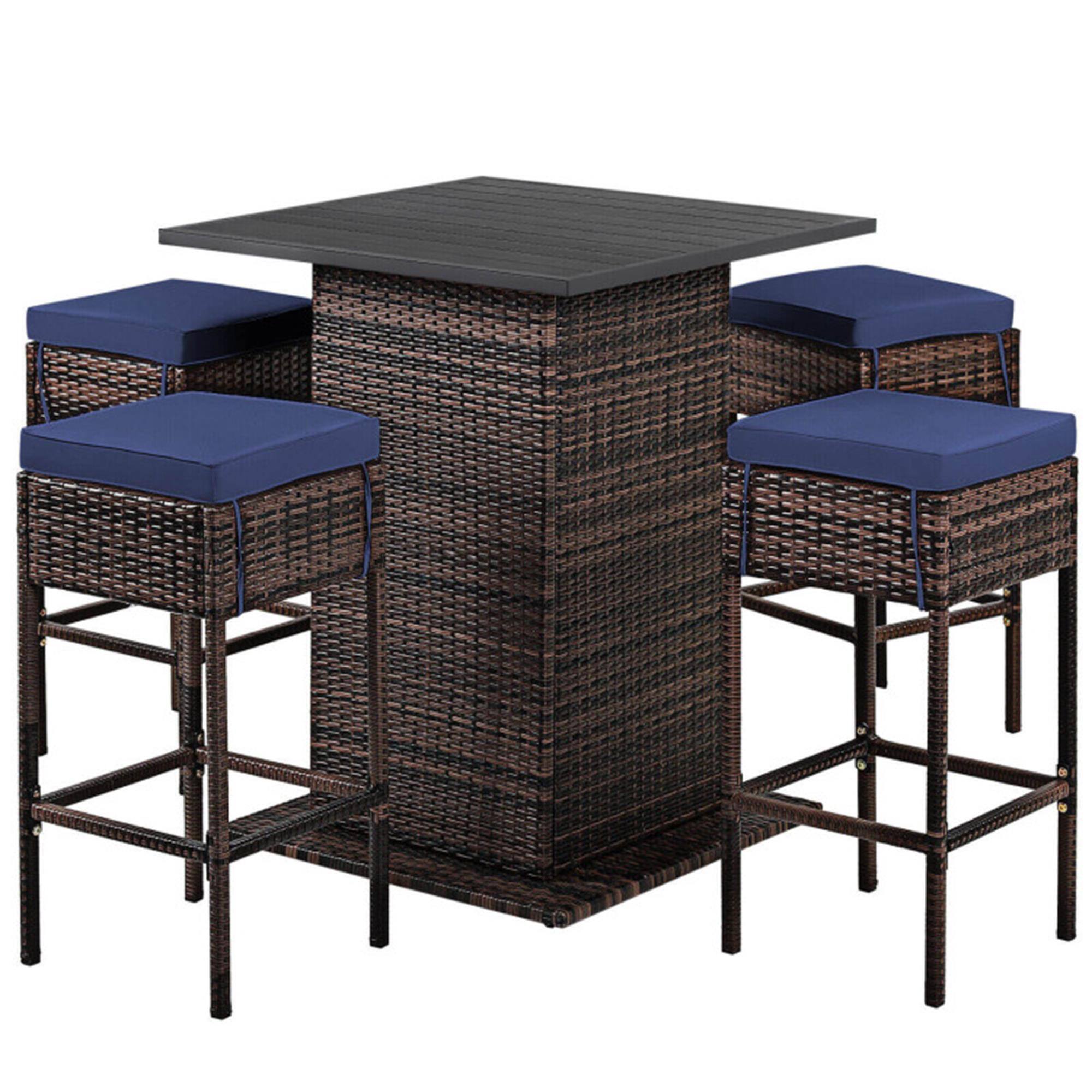 Front. Boyel Living - Navy 5Piece Rattan or Wicker Dining Set Comfortable Seat Cushions Hidden Storage Compartment - Navy.