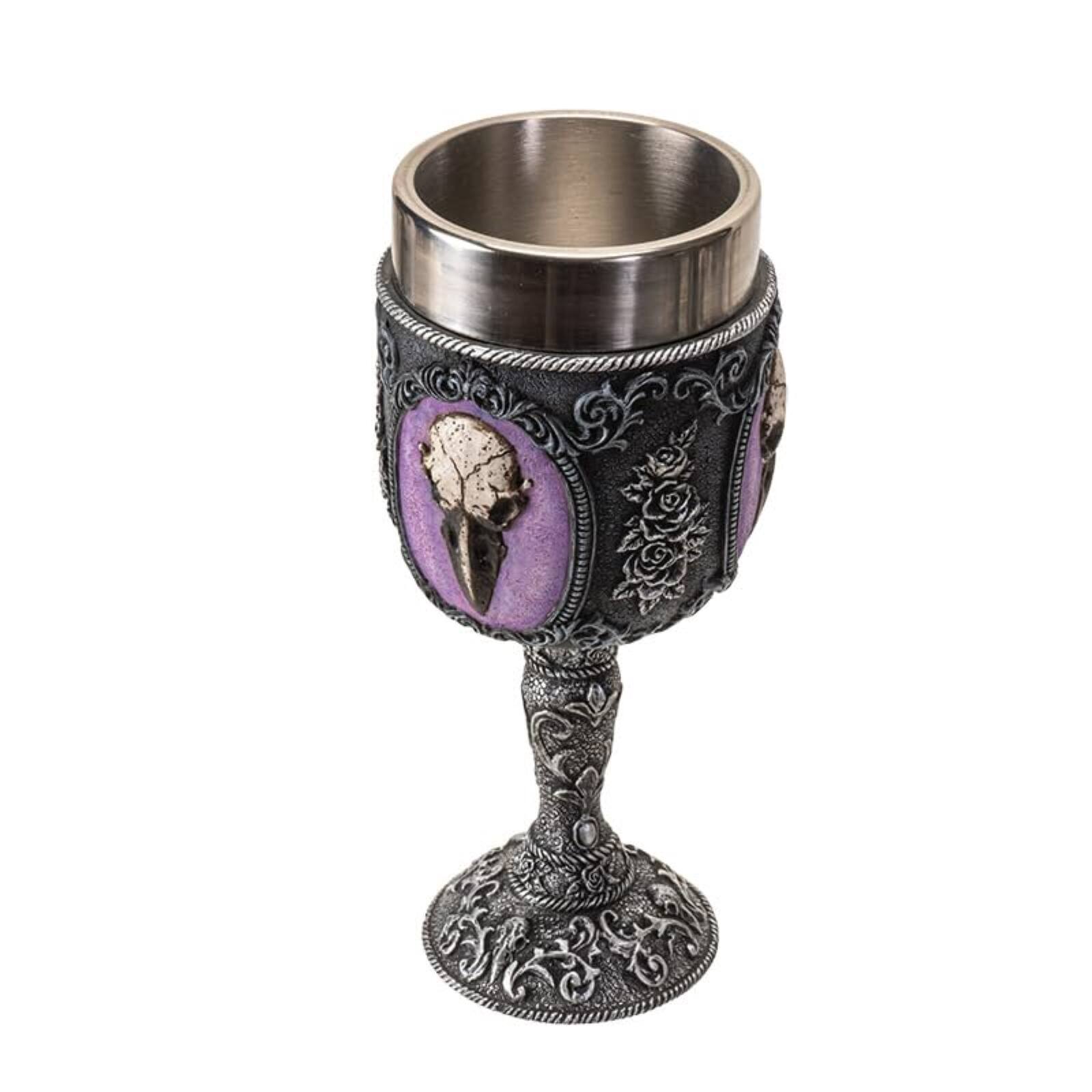 Back. Pacific Trading - Raven Skull Wine Goblet Chalice Cup Resin Body Stainless Steel Cup 8 ounce - Multicolor.