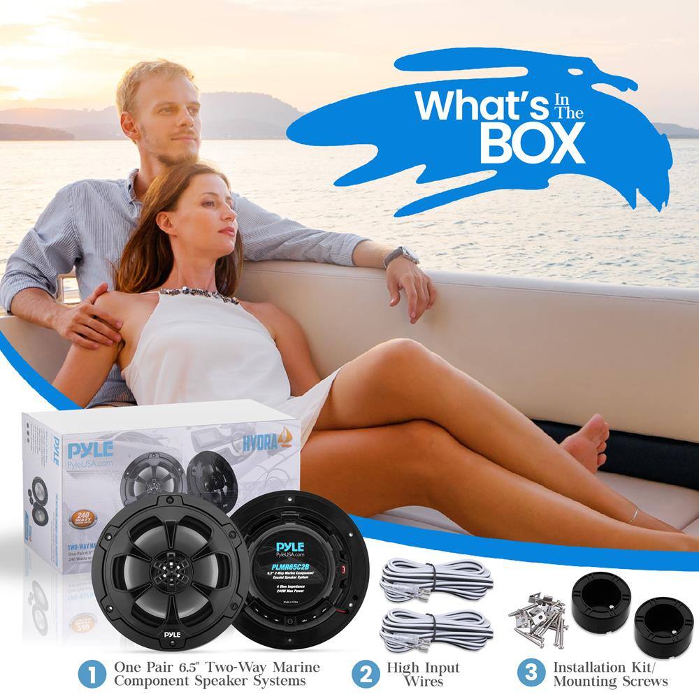 What's In The BOX

PYLE HYORA  
PyleUSA.com  
8 240 PYLE nng_o PLMR6SC28 OO PYLE One Pair 6.5 Two-Way Marine 1 Component Speaker Systems 2 High Input Wires 3 Installation Kit/ Mounting Screws

1. One Pair 6.5" Two-Way Marine Component Speaker Systems  
2. High Input Wires  
3. Installation Kit/ Mounting Screws