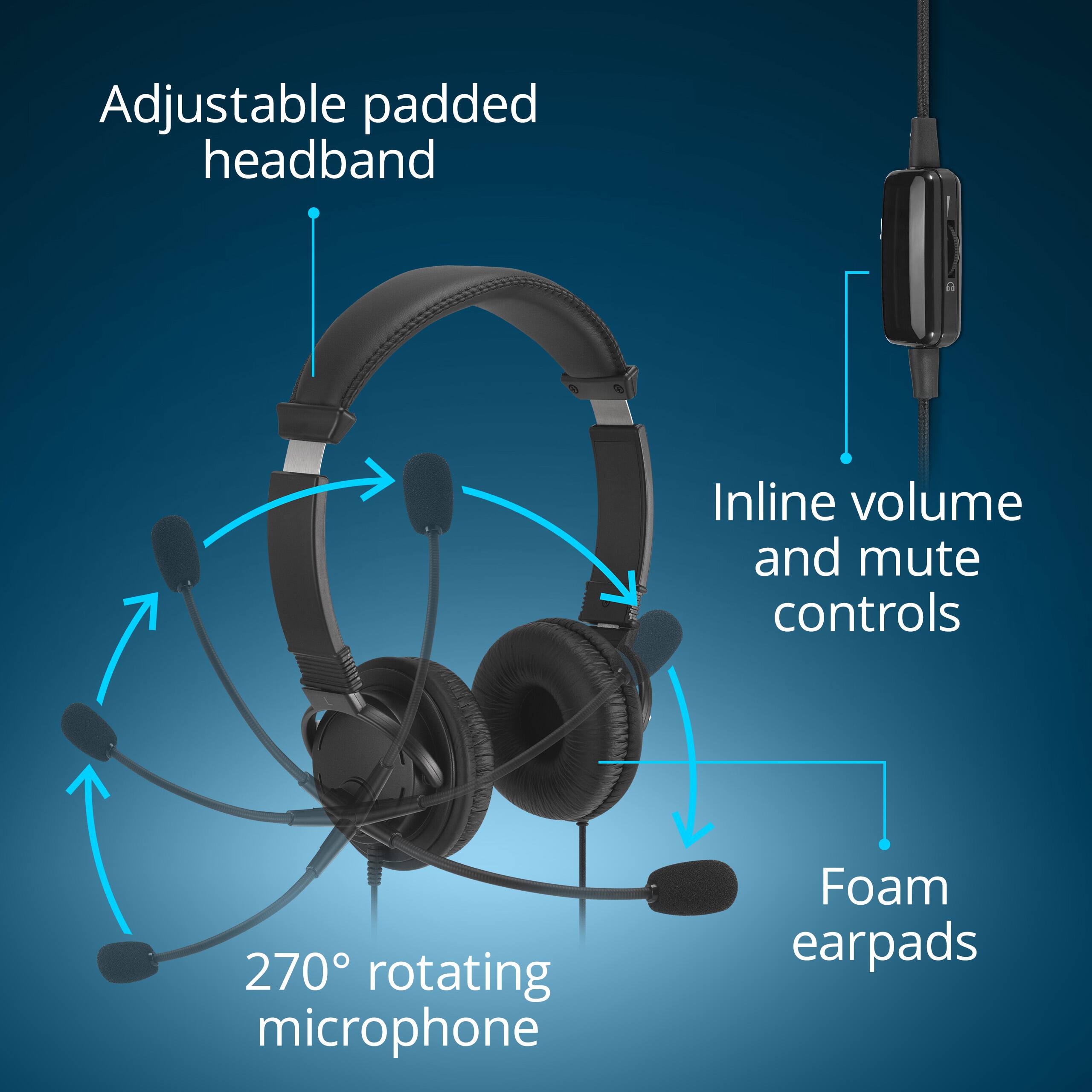 Adjustable padded headband  
Inline volume and mute controls  
270° rotating microphone  
Foam earpads