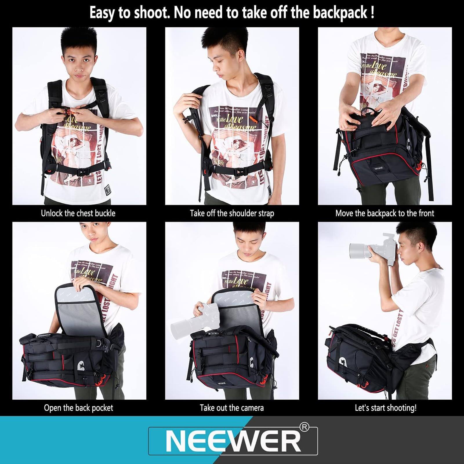 Easy to shoot. No need to take off the backpack!

Unlock the chest buckle  
Take off the shoulder strap  
Move the backpack to the front  
Open the back pocket  
Take out the camera  
Let's start shooting!

NEEWER
