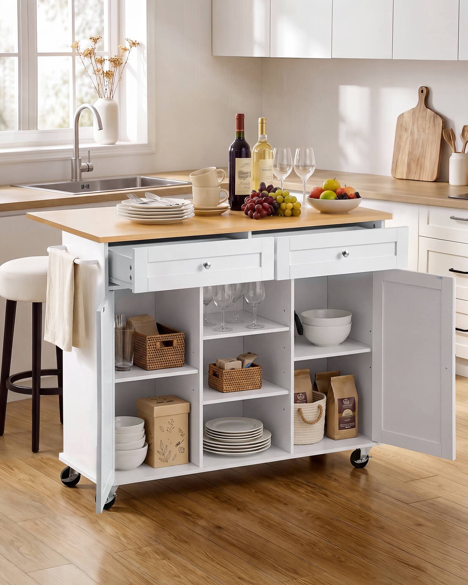 Angle. VEVOR - Kitchen Island Cart with Storage, 45.67 in Wide Mobile Rolling Storage Island on Swivel Wheels, with 2 Drawers - White.